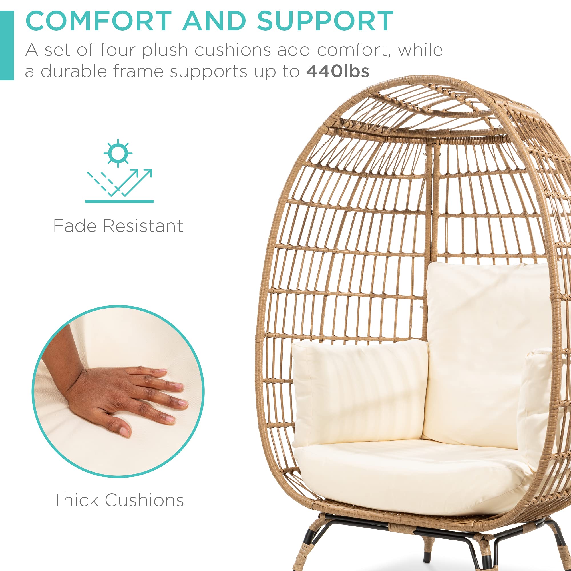 Best Choice Products Wicker Egg Chair, Oversized Indoor Outdoor Lounger for Patio, Backyard, Living Room w/ 4 Cushions, Steel Frame, 440lb Capacity - Black