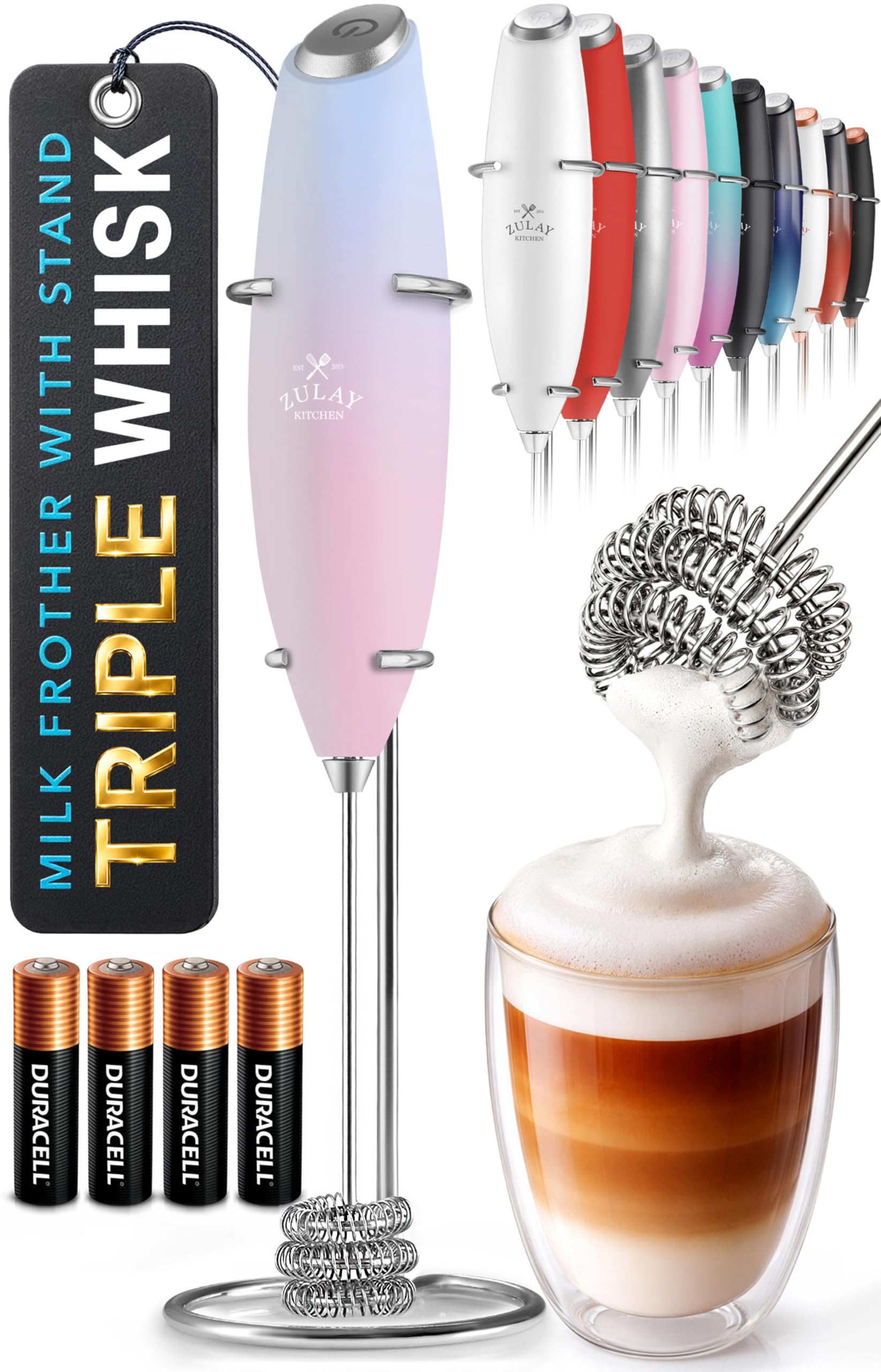 Zulay Kitchen Powerful Milk Frother Wand With Duracell Batteries - Ultra Fast Handheld Drink Mixer - Electric Whisk Foam Maker for Coffee, Lattes, Cappuccino & Matcha - Z1 Motor - Black