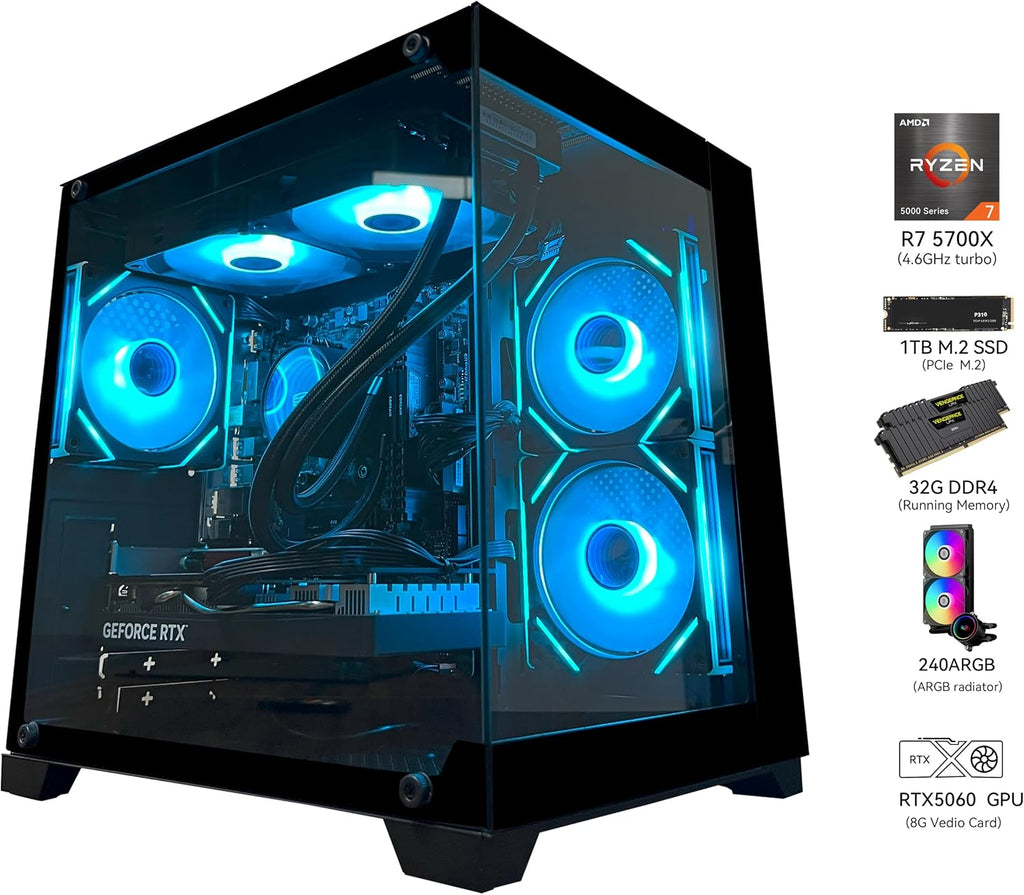 YAWYORE Gaming PC, AMD Ryzen 7 5700X, GeForce RTX 5060 Desktop Computer | 32GB DDR4 RAM, 1TB M.2 NVMe SSD,, ARGB Fans, WiFi+BT