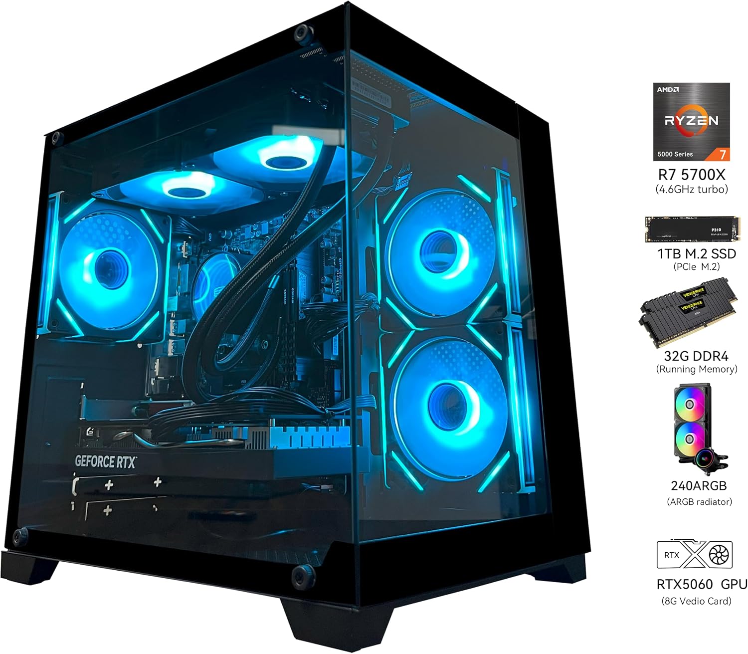 YAWYORE Gaming PC, AMD Ryzen 7 5700X, GeForce RTX 5060 Desktop Computer | 32GB DDR4 RAM, 1TB M.2 NVMe SSD,, ARGB Fans, WiFi+BT