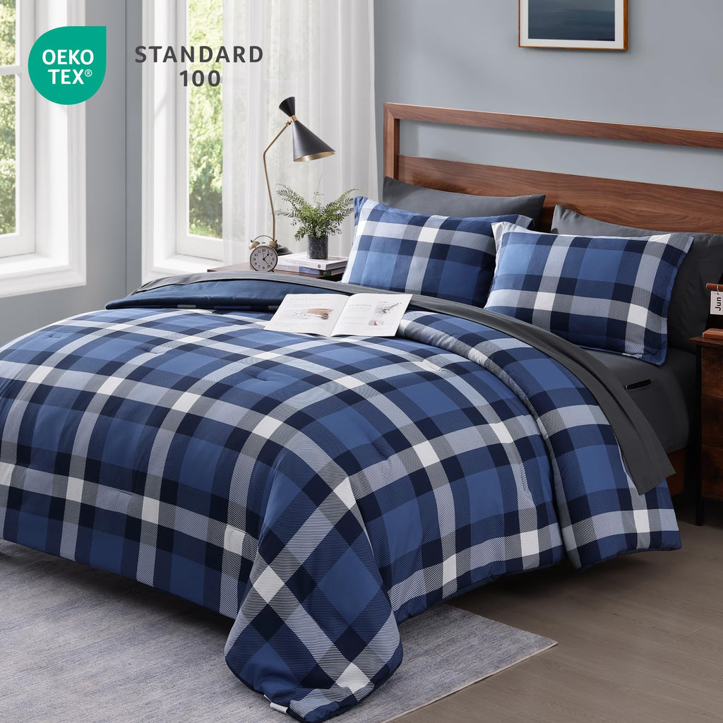 MaiRêve Plaid Twin XL Comforter Set Navy Blue 5 Pieces Dorm Bed in a Bag | Rustic Farmhouse Bedding Sets for Boys Teen with Sheets, Pillowcase & Sham