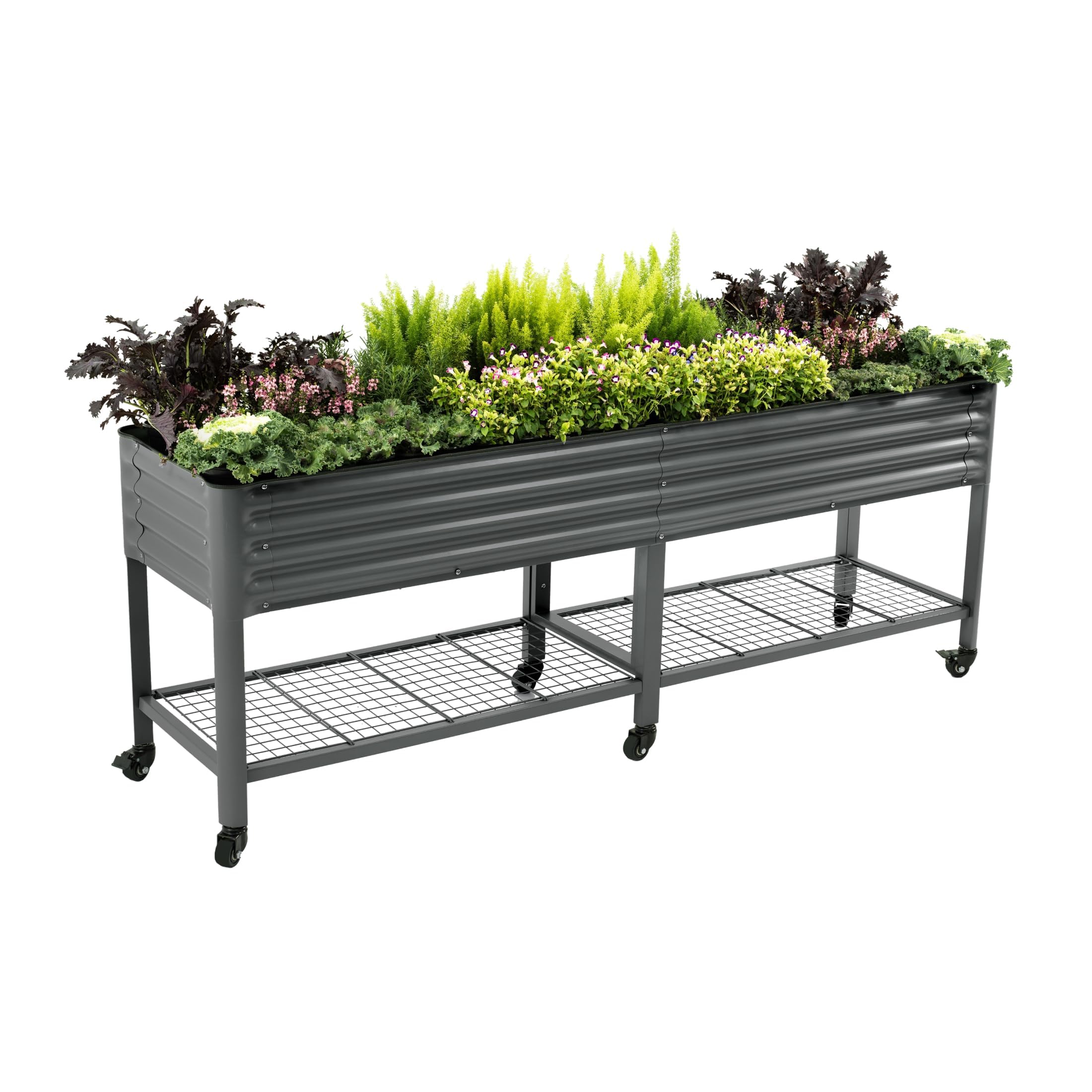 Rolling Elevated Raised Garden Bed, 2' x 4' Outdoor Planters Boxes with Legs & Storage Rack for Patio, 700 Lbs Weight Capacity, Raised Beds for Gardening Herbs Flowers, Pearl White