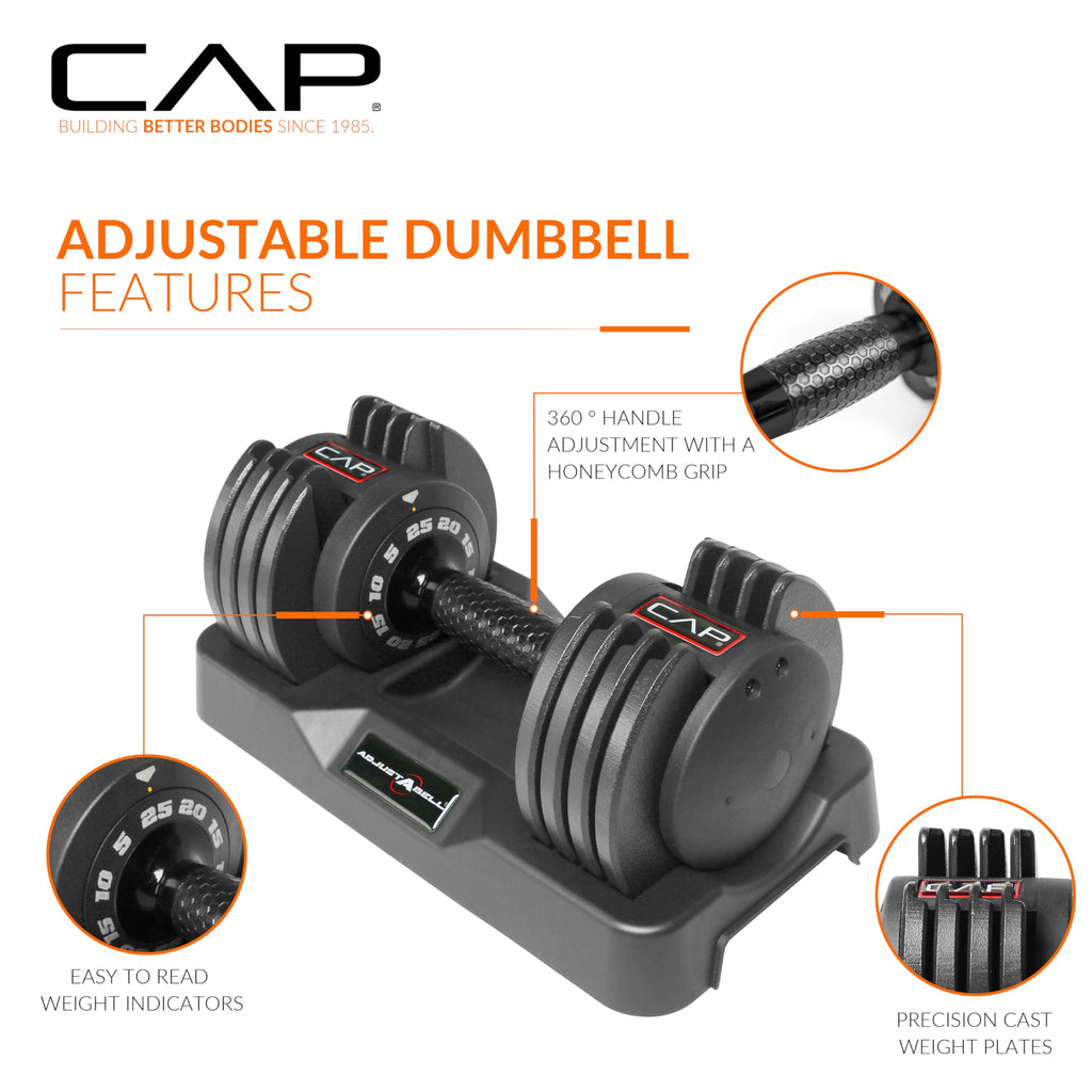CAP ADJUSTABELL Adjustable Dumbbell Set, Premium Quick Select Adjustable Weights for Strength Training, Singles & Pairs, 12.5 LB, 25 LB & 55 LB, Round & Hex Dumbbells, Multiple Grip Handle Options