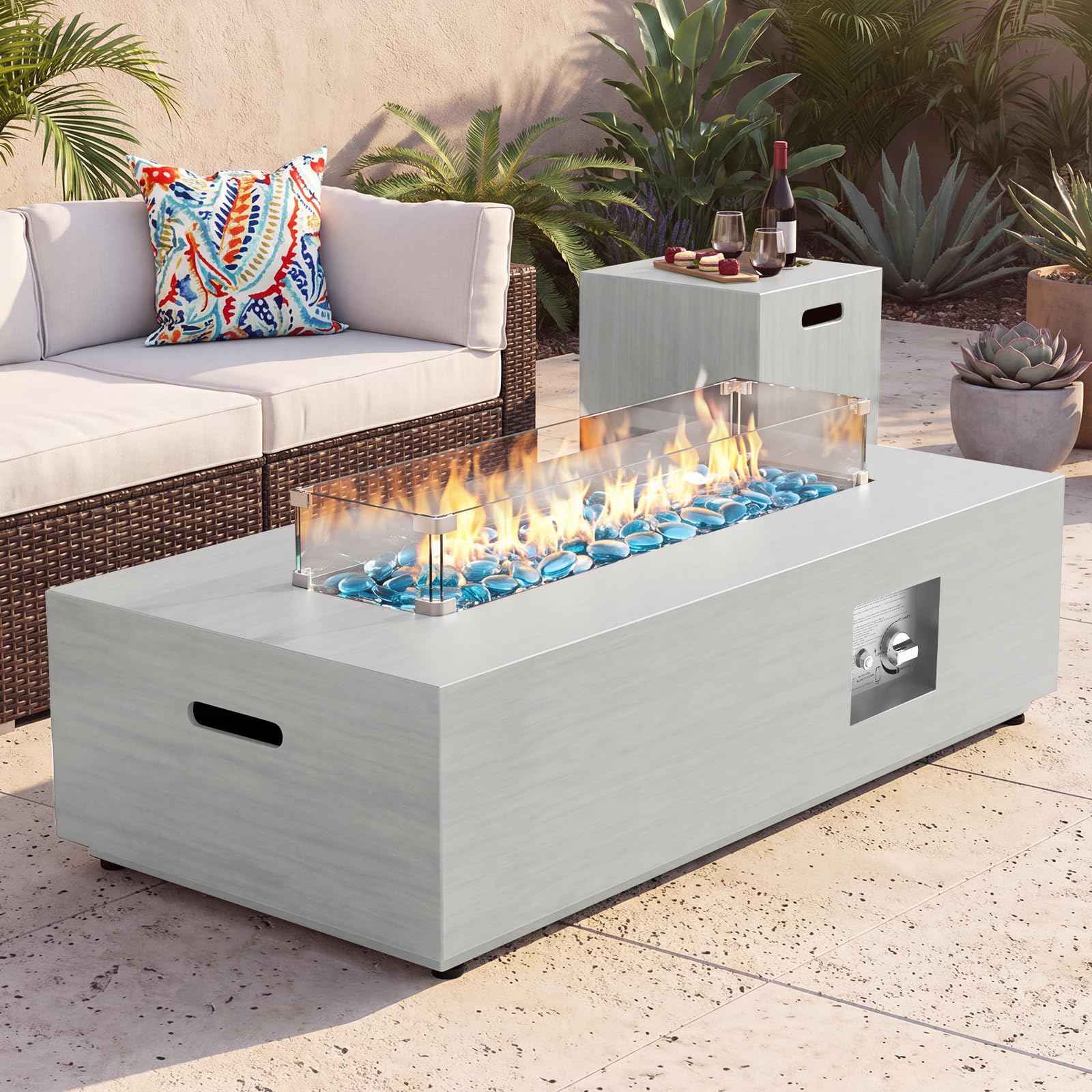 SUNPEAK 42" Modern Fire Pit Table with LED Light 50,000 BTU Deck Fire Pit Table Includes Wind Guard, Lid, Rocks & Cover - Propane Gas Patio Fireplace, Chimenea para Patio (Grey/Golden Light, 42" LED)