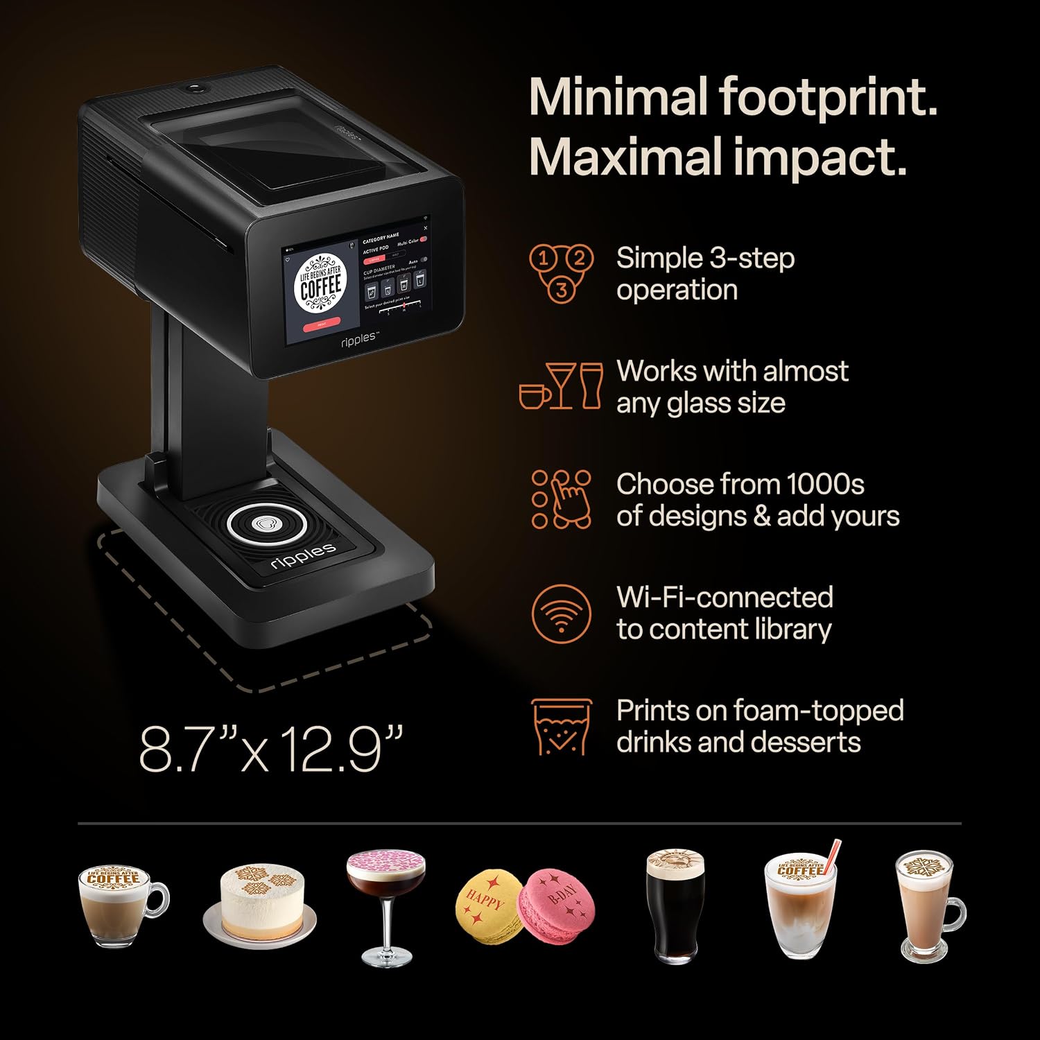 Ripples The Original Maker II, Print on Beverage Foam and Desserts, Plant-Based Ingredients Only, Selfie and Personalized Designs (Machine + Coffee Pod)