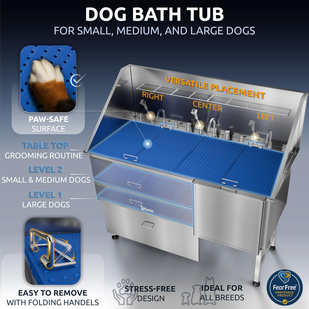 KANIS Professional Dog Washing Station 304 Stainless Steel Pet Wash Sink & Grooming Bathtub w/Shower, Floor Grates and Storage for Large, Medium & Small Pets (Silver, 50 Inches, Right Ramp, 1 Drawer)