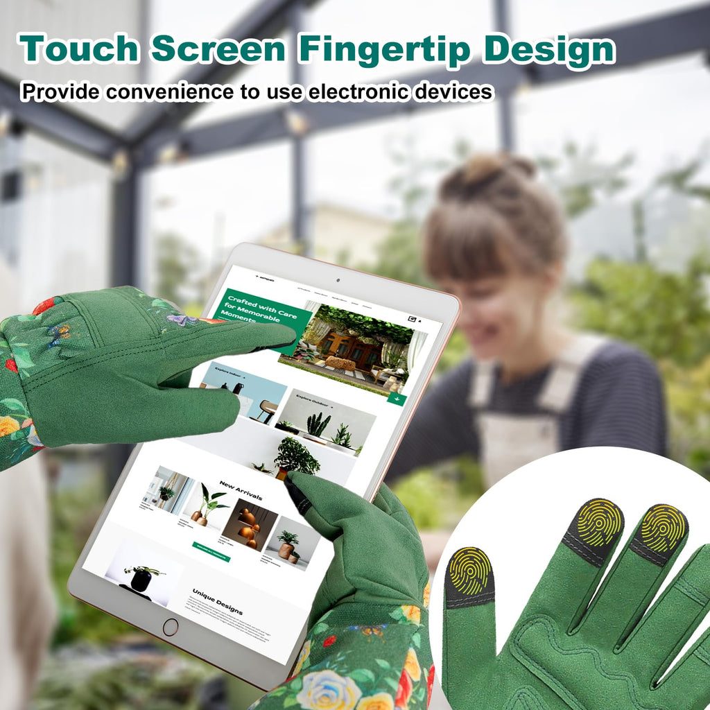 DLY Garden Gloves for Women,Gardening Gloves,Gardening Gift for Lady,Blue,M | Thornproof Cowhide Palm, Foam-Padded Grip, Long Sunflower Print Cuff, 3-Finger Touchscreen, Rose Pruning, Weeding & Yard Work