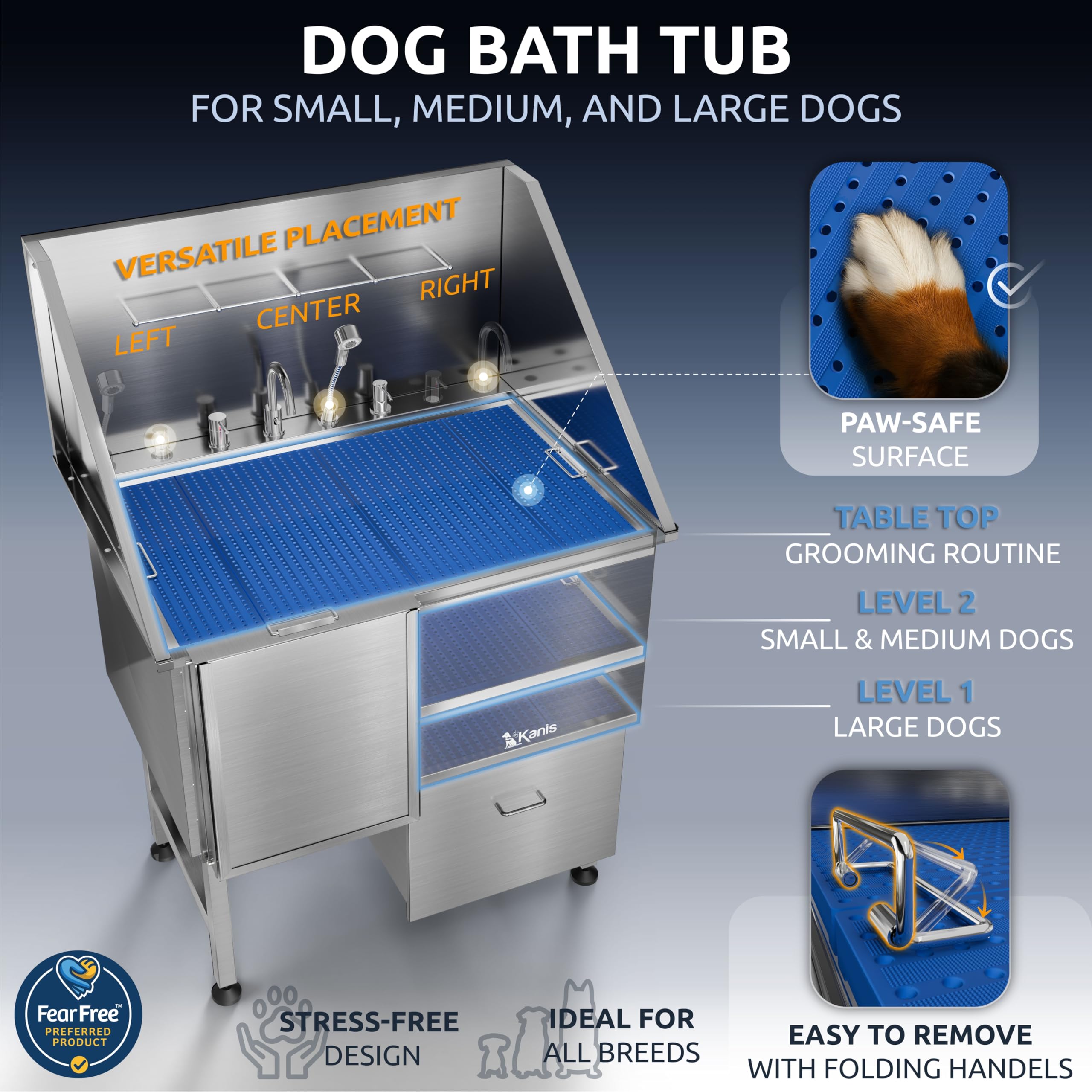 KANIS Professional Dog Washing Station 304 Stainless Steel Pet Wash Sink & Grooming Bathtub w/Shower, Floor Grates and Storage for Large, Medium & Small Pets (Silver, 50 Inches, Right Ramp, 1 Drawer)