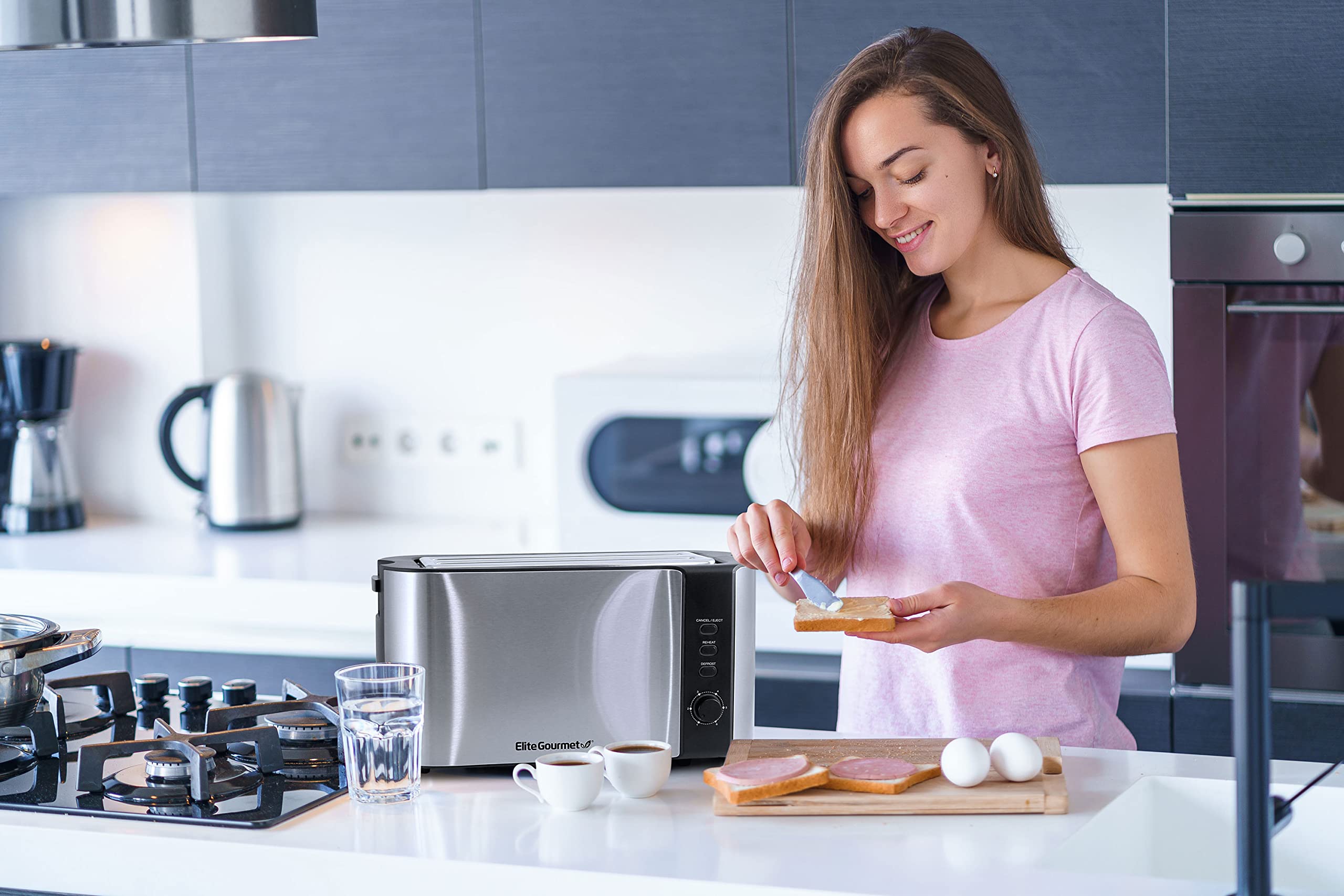 Elite Gourmet ECT5500 4-Slice Long Slot Toaster, Fully Automatic Motorized, Stainless Steel Digital Touchscreen, Extra-Wide Slots, 6 Browning Levels, Bagel, Defrost & Reheat