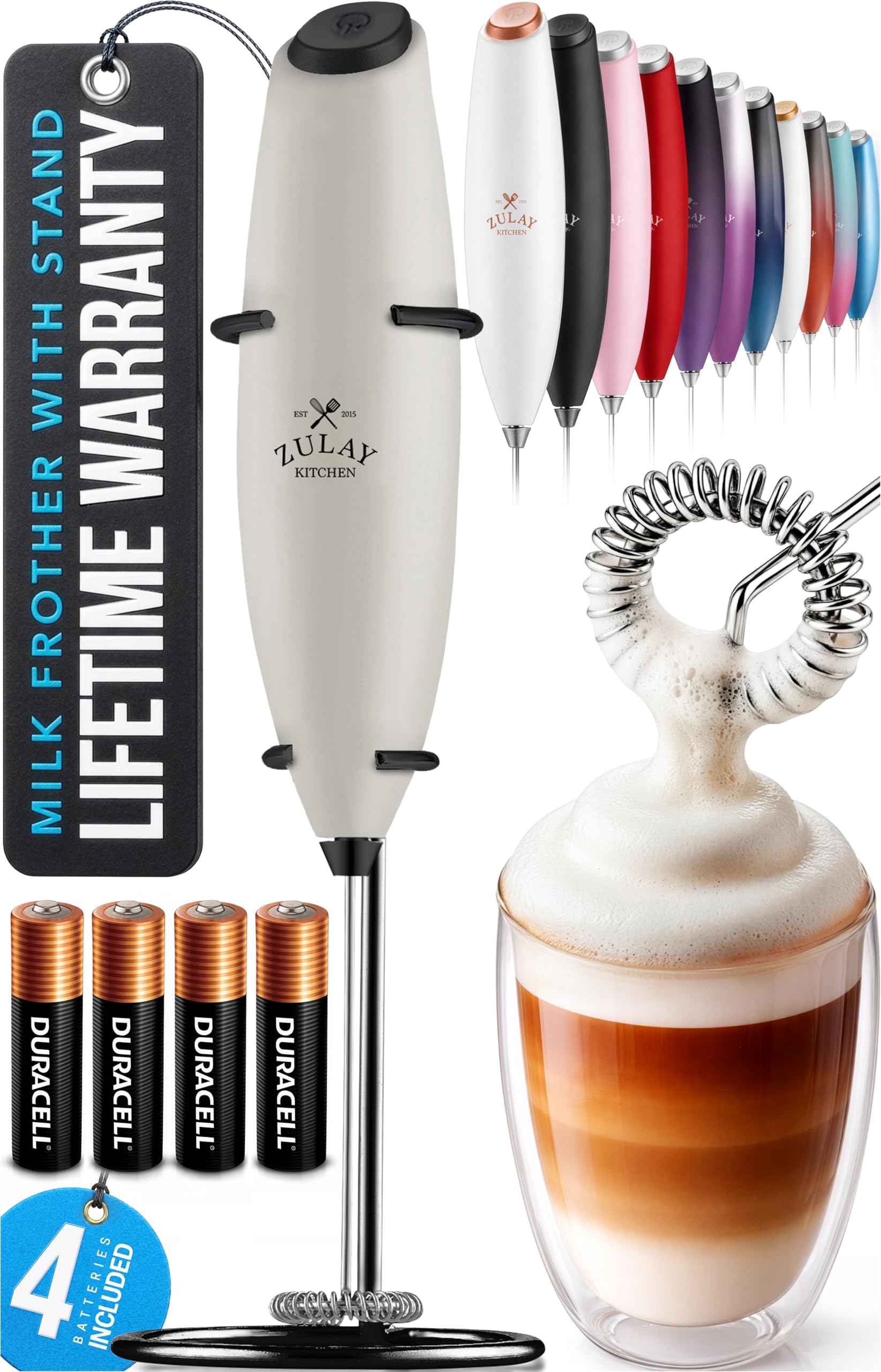 Zulay Kitchen Powerful Milk Frother Wand With Duracell Batteries - Ultra Fast Handheld Drink Mixer - Electric Whisk Foam Maker for Coffee, Lattes, Cappuccino & Matcha - Z1 Motor - Black