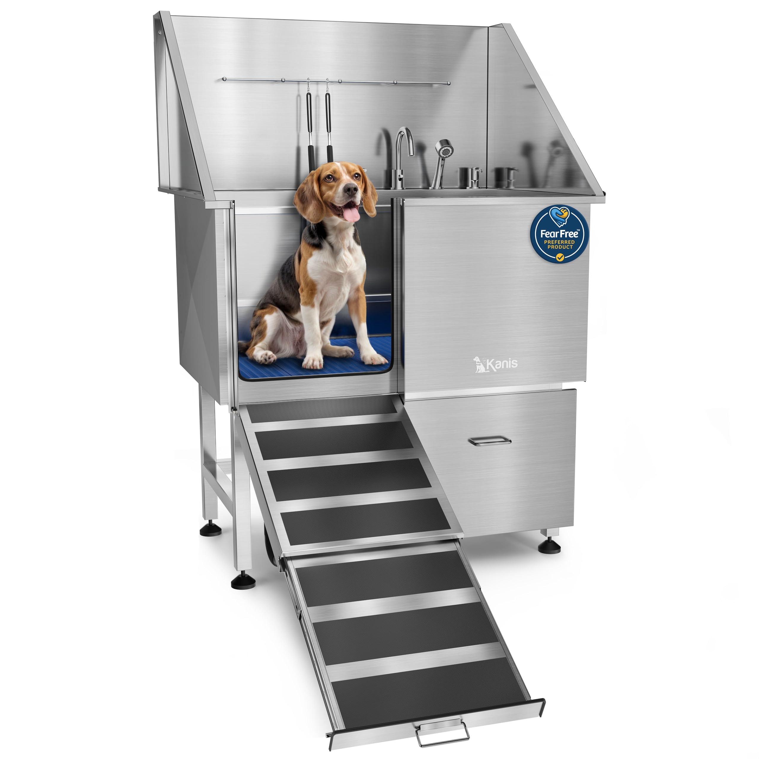KANIS Professional Dog Washing Station 304 Stainless Steel Pet Wash Sink & Grooming Bathtub w/Shower, Floor Grates and Storage for Large, Medium & Small Pets (Silver, 50 Inches, Right Ramp, 1 Drawer)