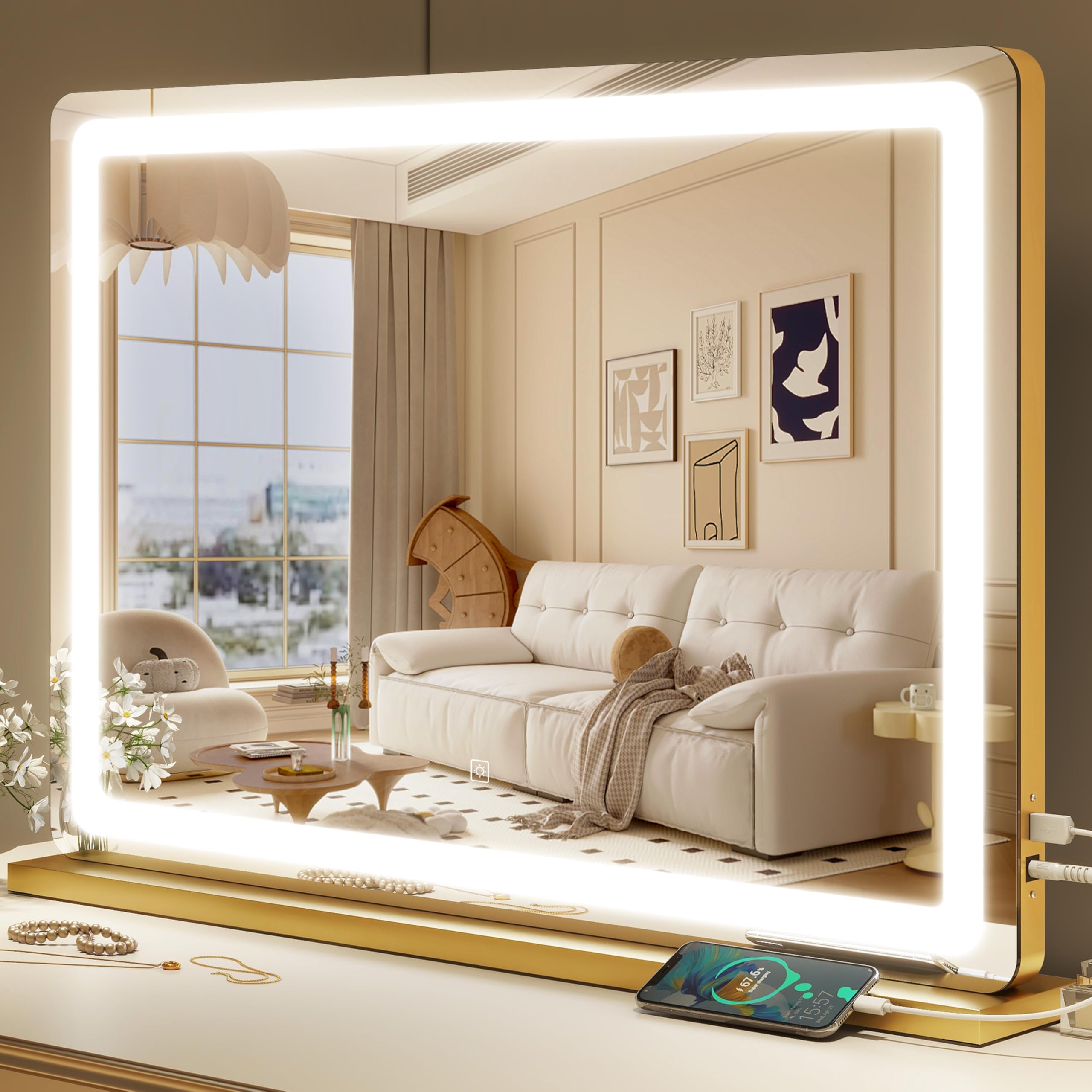 ROLOVE Vanity Mirror with Lights, 12.6"x15" LED Makeup Mirror with Lights, Smart Touch Control 3 Color Dimmable, Lighted Desk Mirror for Bedroom, Light Up Mirror