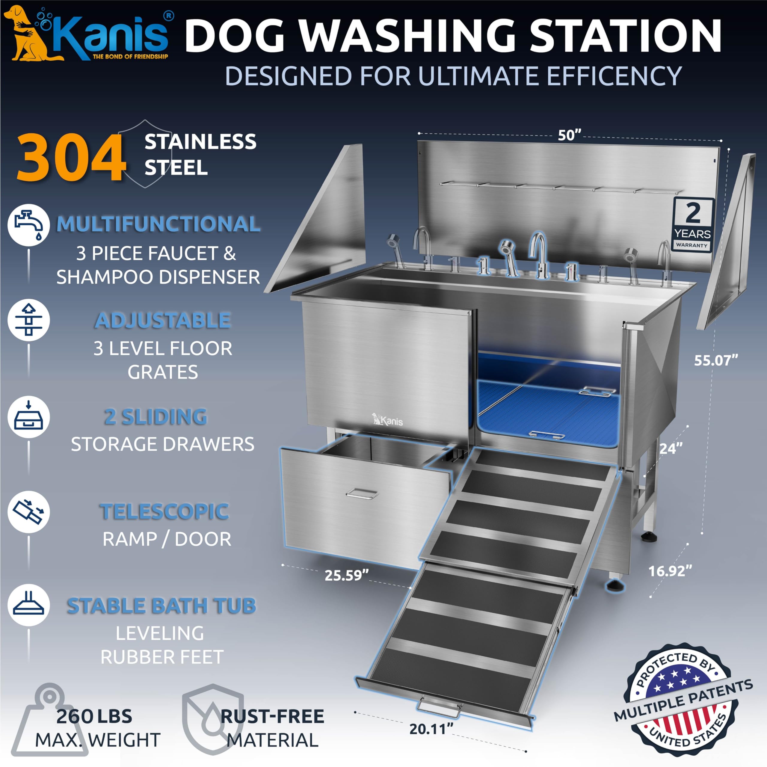 KANIS Professional Dog Washing Station 304 Stainless Steel Pet Wash Sink & Grooming Bathtub w/Shower, Floor Grates and Storage for Large, Medium & Small Pets (Silver, 50 Inches, Right Ramp, 1 Drawer)