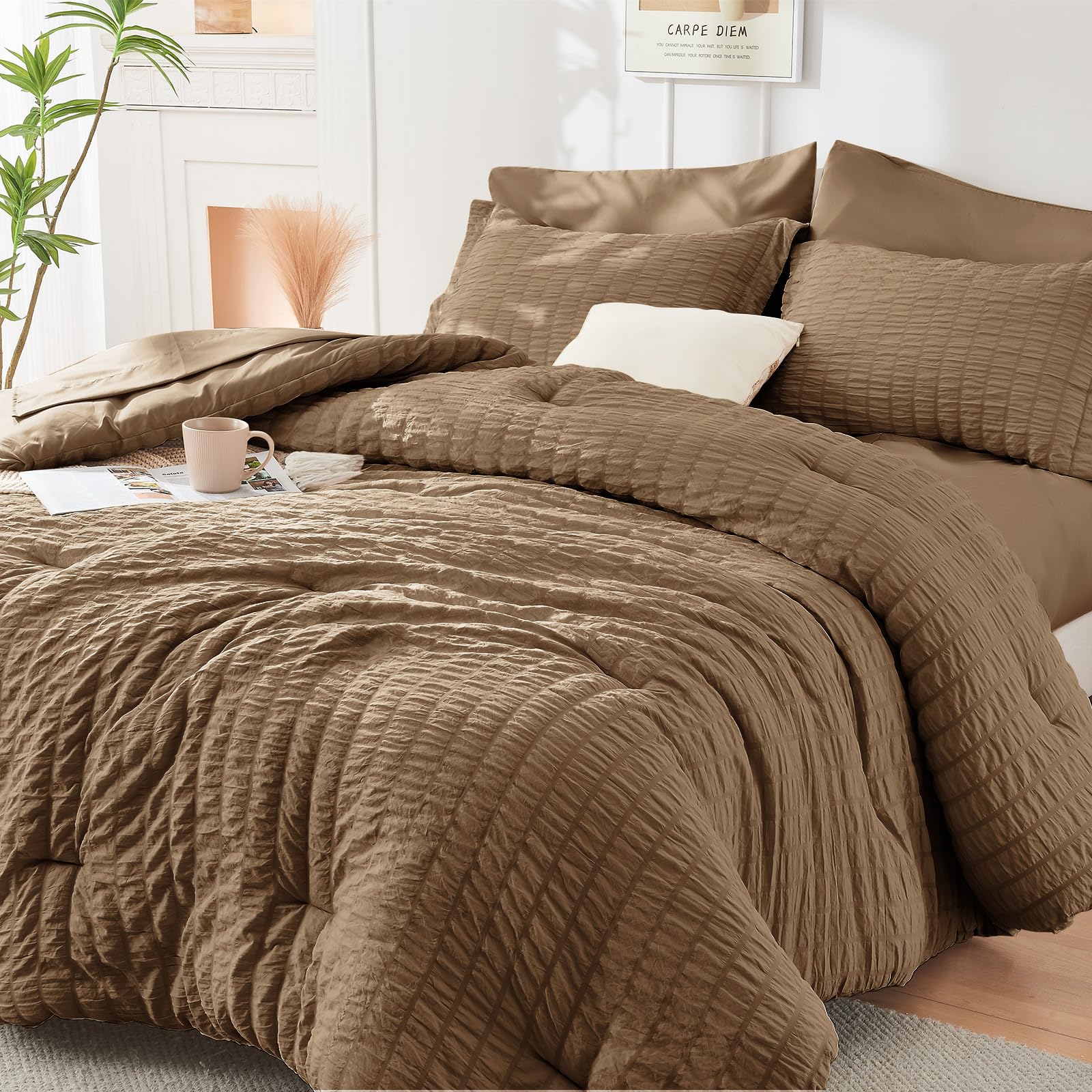 HYMOKEGE Twin XL Comforter Set Seersucker 5 Pieces, All Season Luxury Bed in a Bag for Bedroom, Bedding Set with Comforter, Sheet, Pillowcase & Sham, Dark Grey