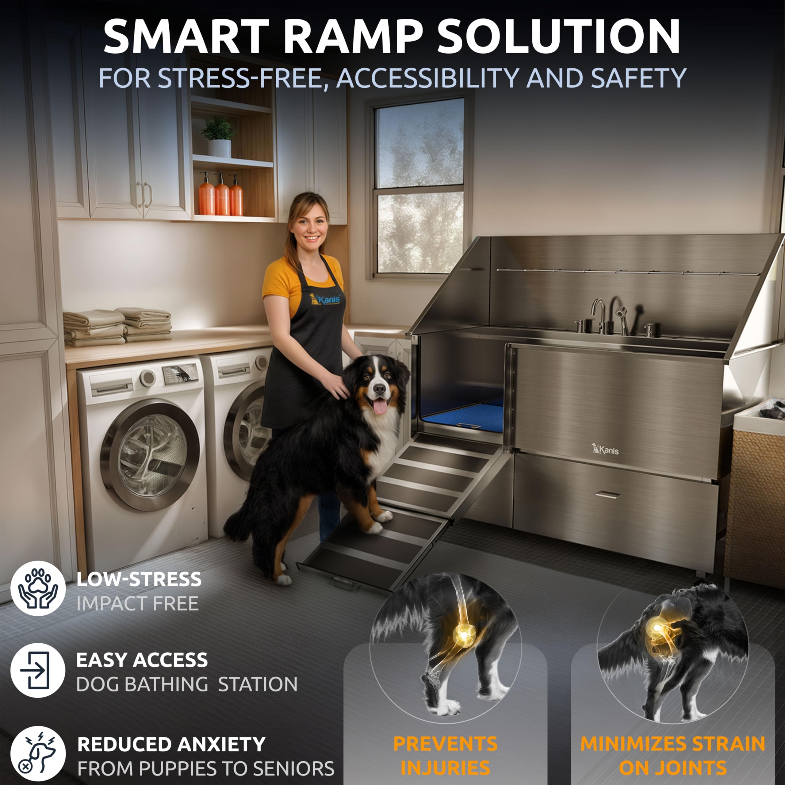 KANIS Professional Dog Washing Station 304 Stainless Steel Pet Wash Sink & Grooming Bathtub w/Shower, Floor Grates and Storage for Large, Medium & Small Pets (Silver, 50 Inches, Right Ramp, 1 Drawer)