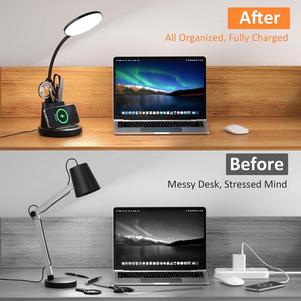 LED Desk Lamp with Wireless Charger for Home Office, Black | 3 Color Modes Dimmable Eye-Caring Study Desk Light for College Dorm Room, 360° Flexible Arm, Built-in Pen Holder, 800 Lumen