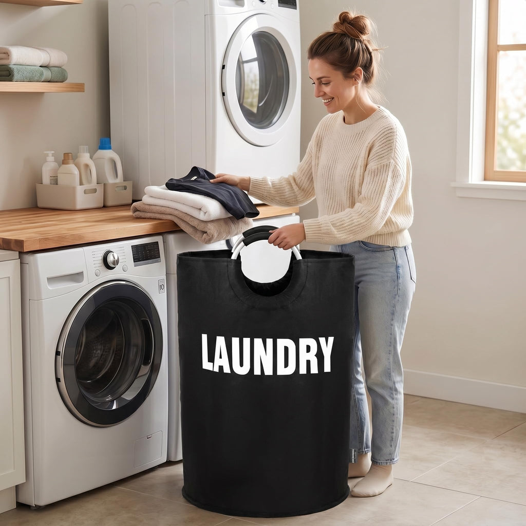 DOKEHOM 90L Large Laundry Basket, Collapsible Laundry Bag, Black | Freestanding tall clothes hamper & foldable washing bin. High-capacity clothes storage basket with durable sturdy handles
