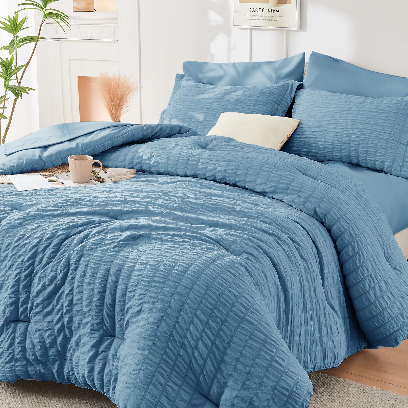 HYMOKEGE Twin XL Comforter Set Seersucker 5 Pieces, All Season Luxury Bed in a Bag for Bedroom, Bedding Set with Comforter, Sheet, Pillowcase & Sham, Dark Grey