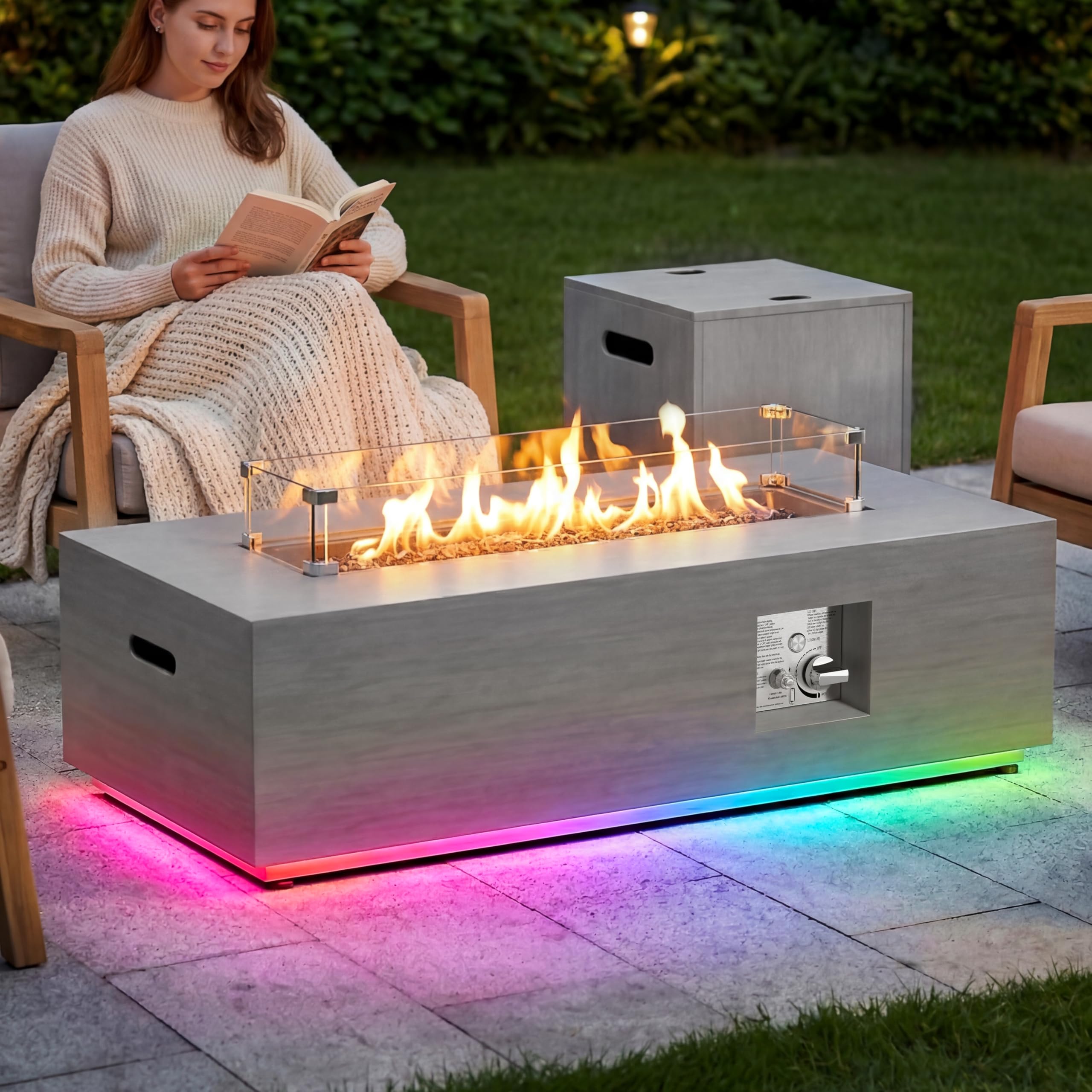 SUNPEAK 42" Modern Fire Pit Table with LED Light 50,000 BTU Deck Fire Pit Table Includes Wind Guard, Lid, Rocks & Cover - Propane Gas Patio Fireplace, Chimenea para Patio (Grey/Golden Light, 42" LED)