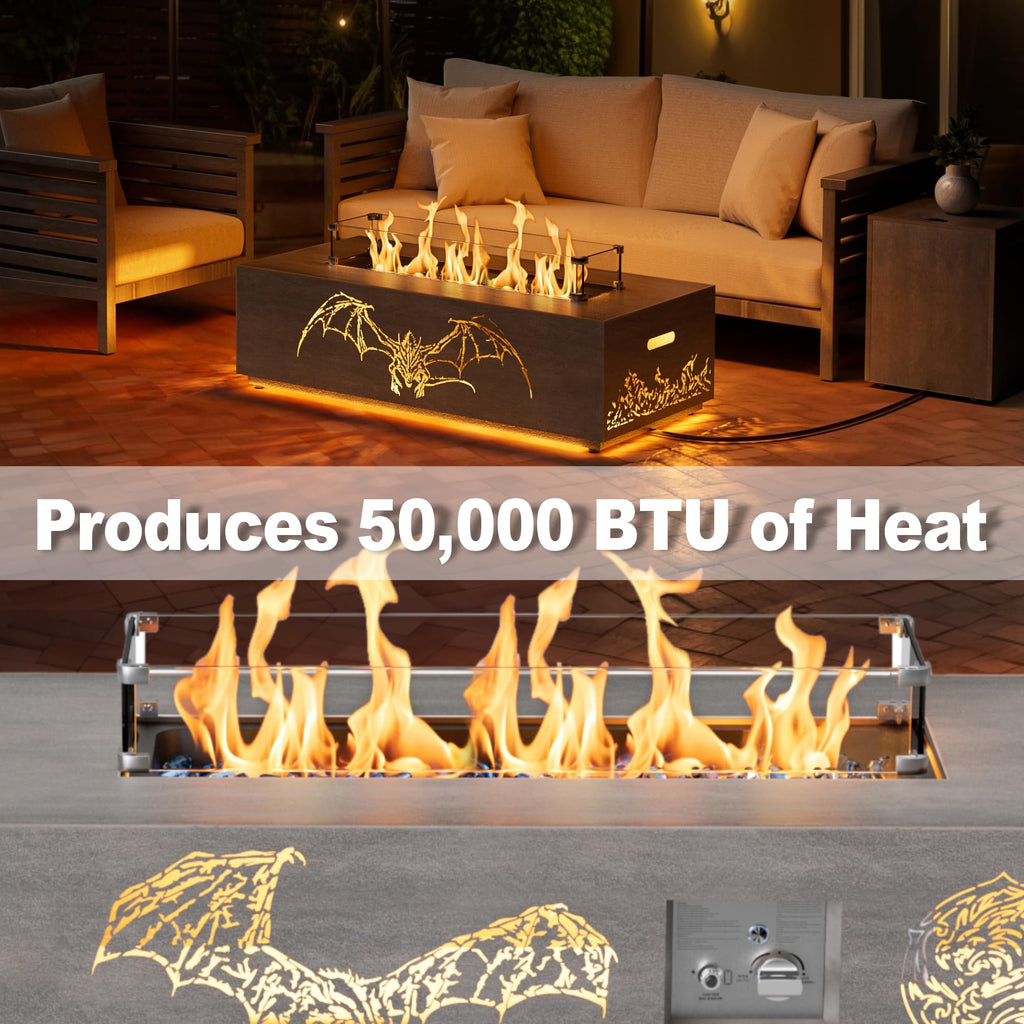 SUNPEAK 42" Modern Fire Pit Table with LED Light 50,000 BTU Deck Fire Pit Table Includes Wind Guard, Lid, Rocks & Cover - Propane Gas Patio Fireplace, Chimenea para Patio (Grey/Golden Light, 42" LED)