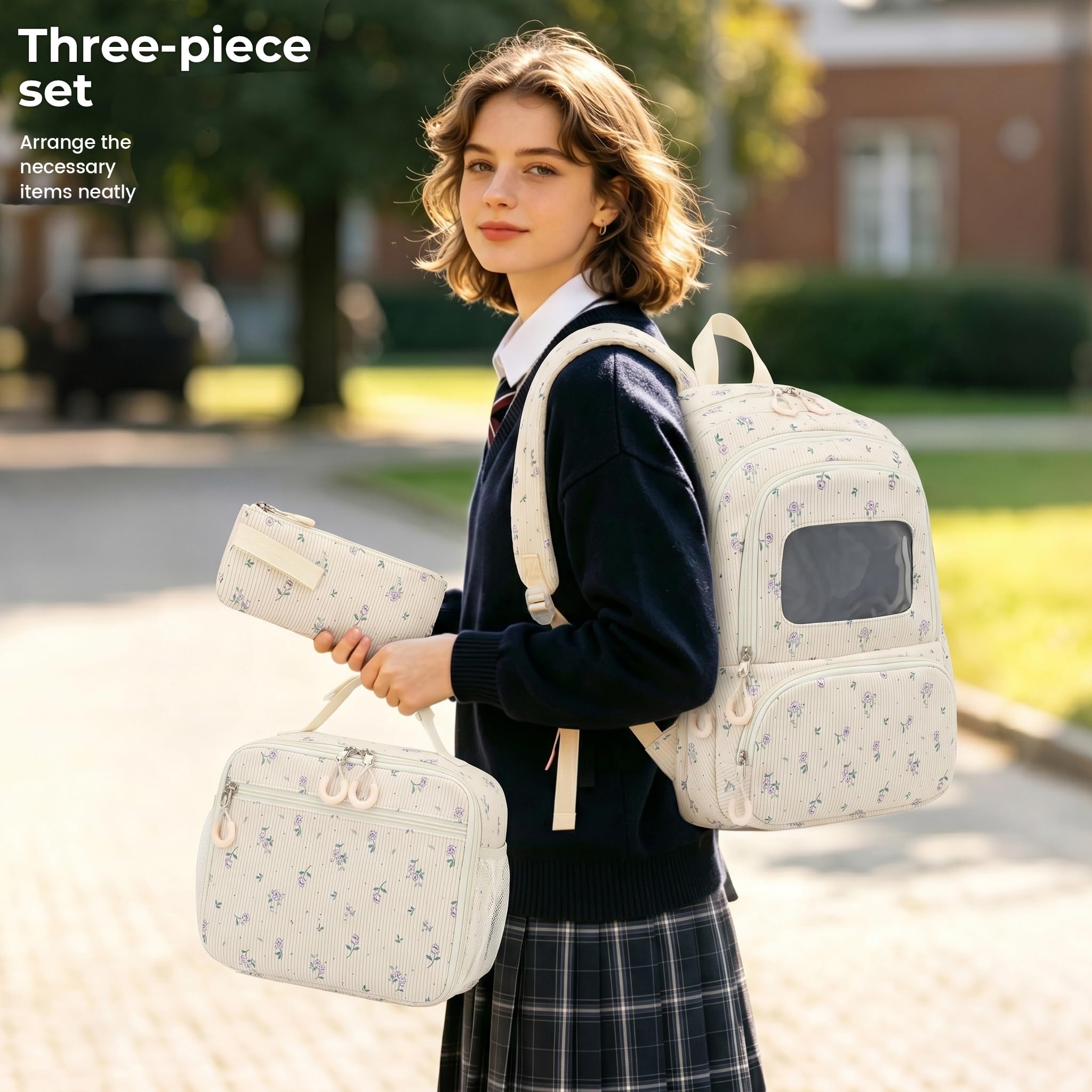 Corduroy School Backpack Set for Girls Boys Women, 3Pcs Kids Bookbag with Lunch Box & Pencil Pouch, Elementary Middle High School College Daypack 15.6" Laptop Bag for Work Travel, Leopard Brown