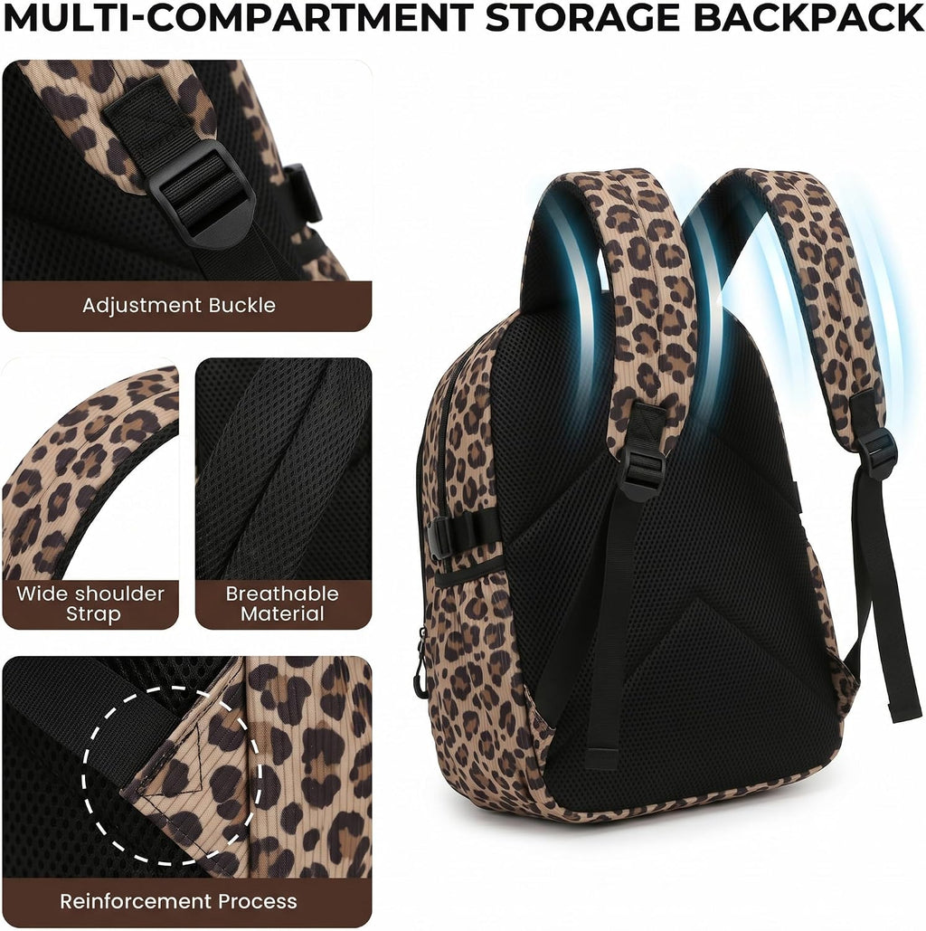 Corduroy School Backpack Set for Girls Boys Women, 3Pcs Kids Bookbag with Lunch Box & Pencil Pouch, Elementary Middle High School College Daypack 15.6" Laptop Bag for Work Travel, Leopard Brown