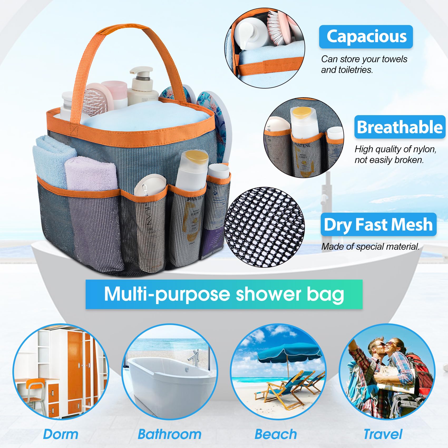 Attmu Mesh Shower Caddy Portable for College Dorm Room Camping Essentials, Shower Caddy Dorm with 9-Pockets, Large Capacity Hanging Basket Bathroom Bag for Toiletry, Swimming, Gym, Camp, Beach