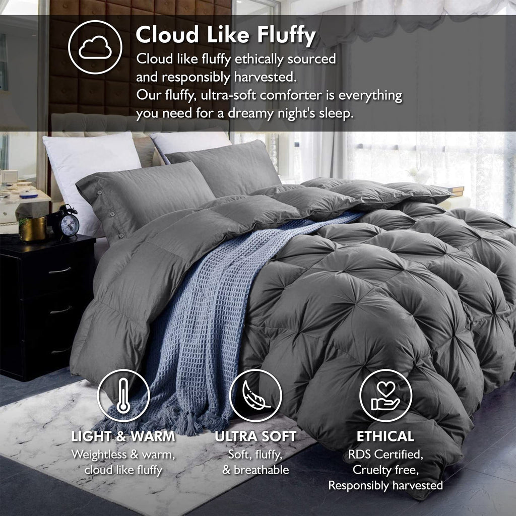 Luxurious All-Season Goose Down Feather Fiber Comforter California King Size Duvet Insert, Exquisite Pinch Pleat Design, Premium Baffle Box, 100% Egyptian Cotton Cover, 80 oz. Fill Weight, Black