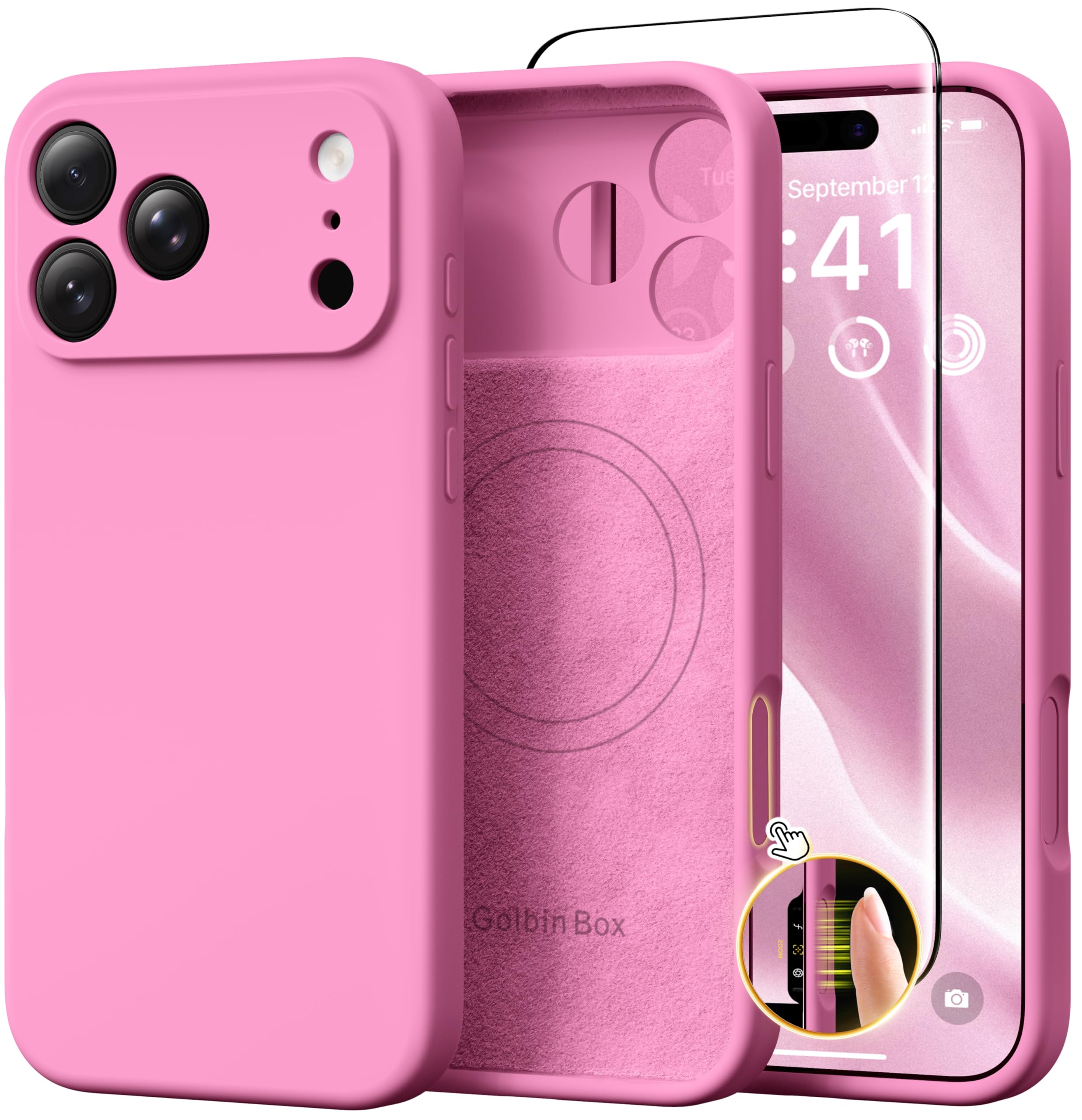 GolbinBox Magnetic for iPhone 17 Pro Max Case, Compatible with MagSafe, [Full Camera Protection] [Screen Protector], Silicone Shockproof Phone Cover with Anti-Scratch Microfiber Lining, Chalk Pink