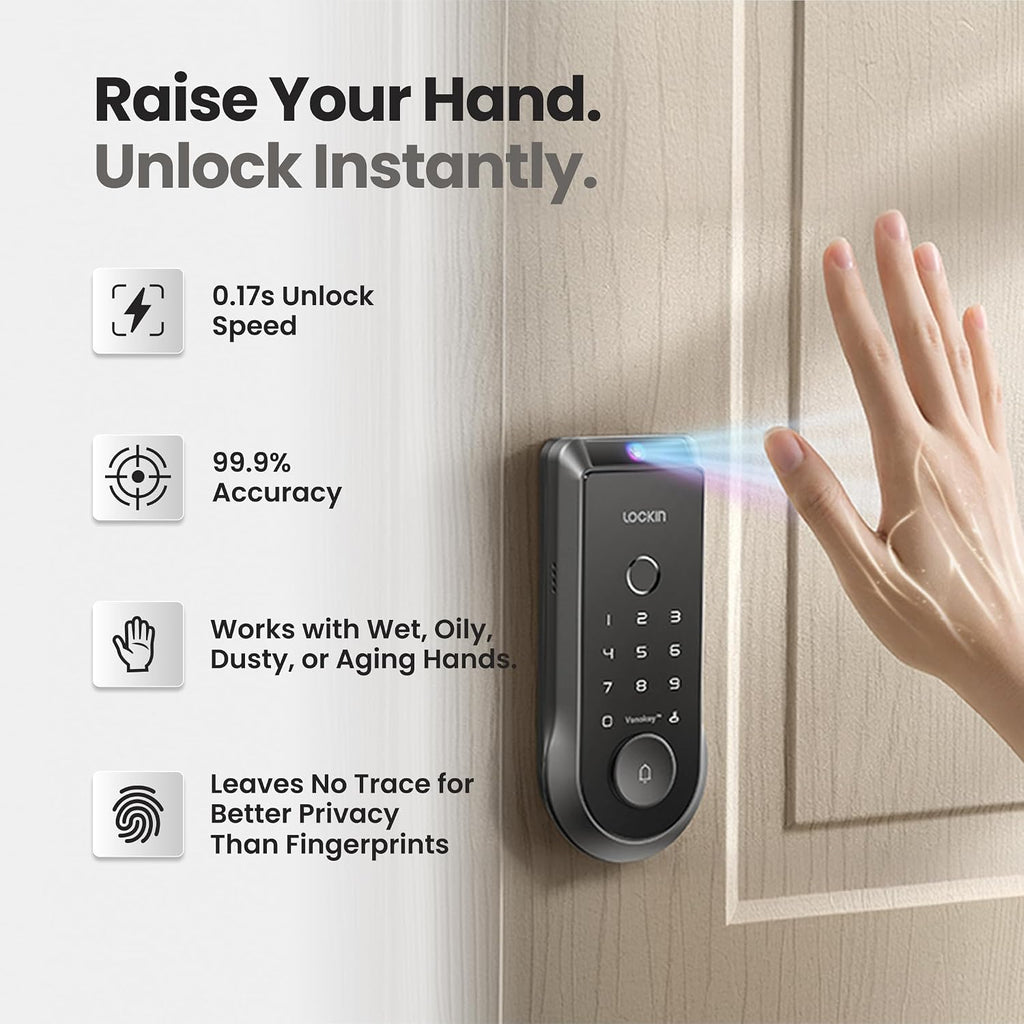 Lockin Venoris Smart Lock - Palm Vein & Fingerprint Keyless Entry Door Lock - 6 Unlock Methods - Built-in WiFi - Smart Home Compatible - No Monthly Subscription - 7-Month Battery Life