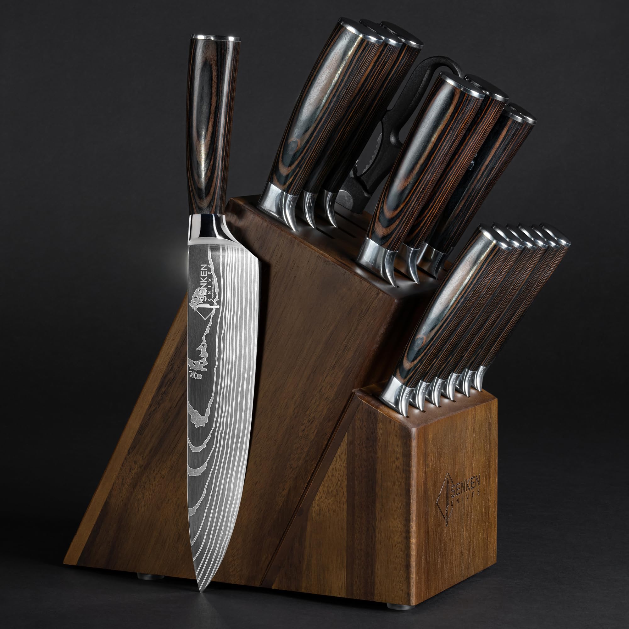 SENKEN 16-Piece Knife Block Set - Japanese High Carbon Stainless Steel with Damascus Pattern, Dark Wood Handles, 6 Steak Knives & Acacia Hardwood Block (Brown)