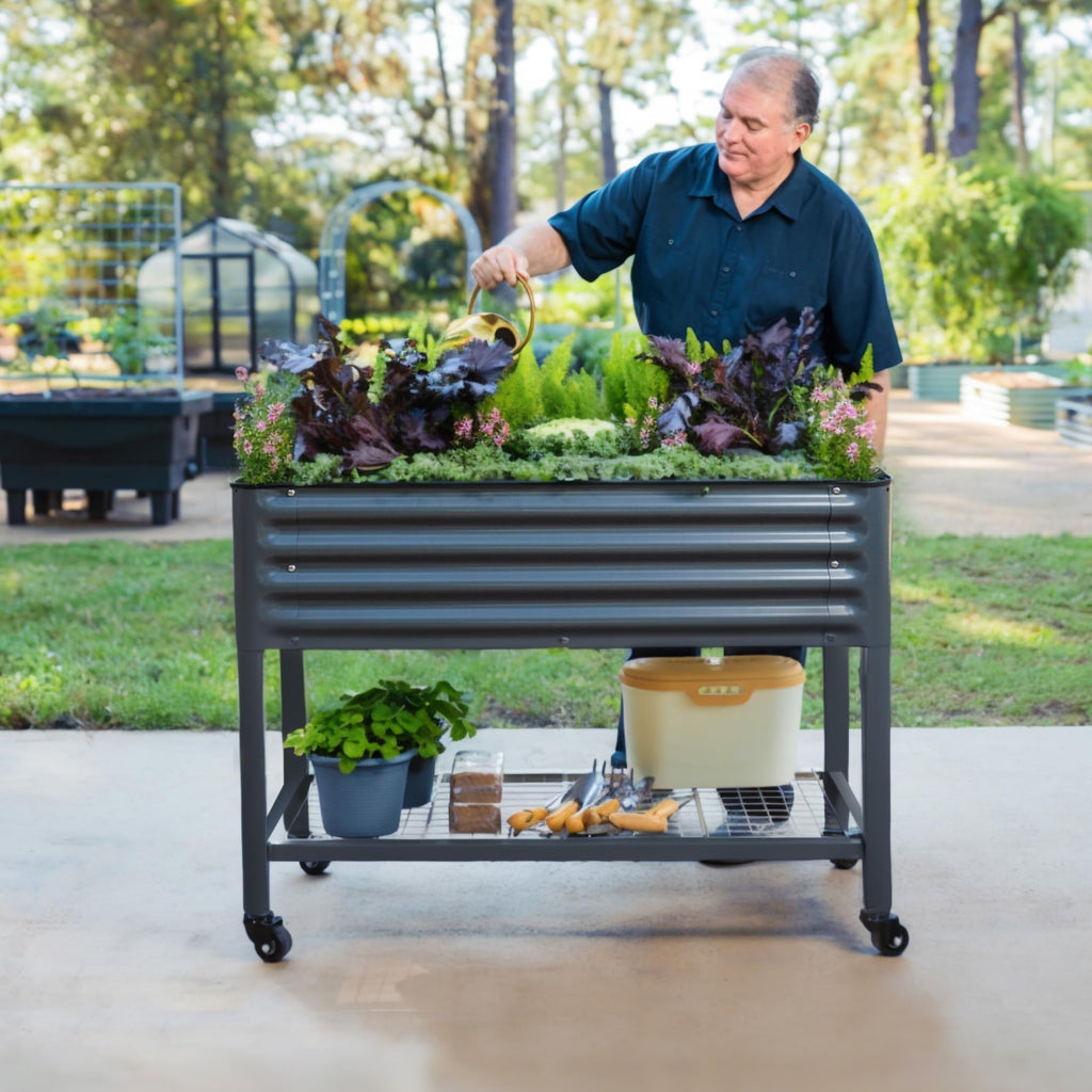 Rolling Elevated Raised Garden Bed, 2' x 4' Outdoor Planters Boxes with Legs & Storage Rack for Patio, 700 Lbs Weight Capacity, Raised Beds for Gardening Herbs Flowers, Pearl White