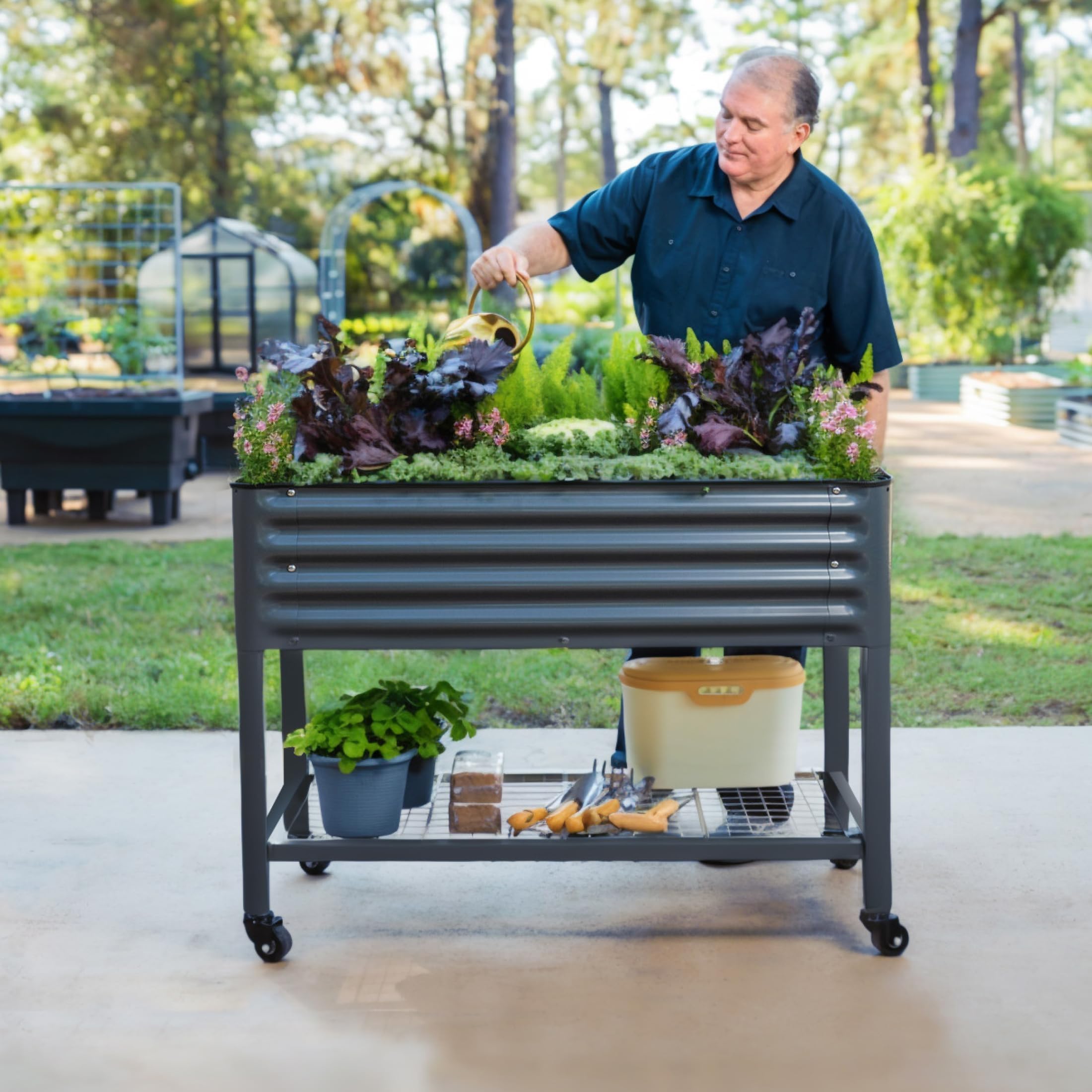 Rolling Elevated Raised Garden Bed, 2' x 4' Outdoor Planters Boxes with Legs & Storage Rack for Patio, 700 Lbs Weight Capacity, Raised Beds for Gardening Herbs Flowers, Pearl White