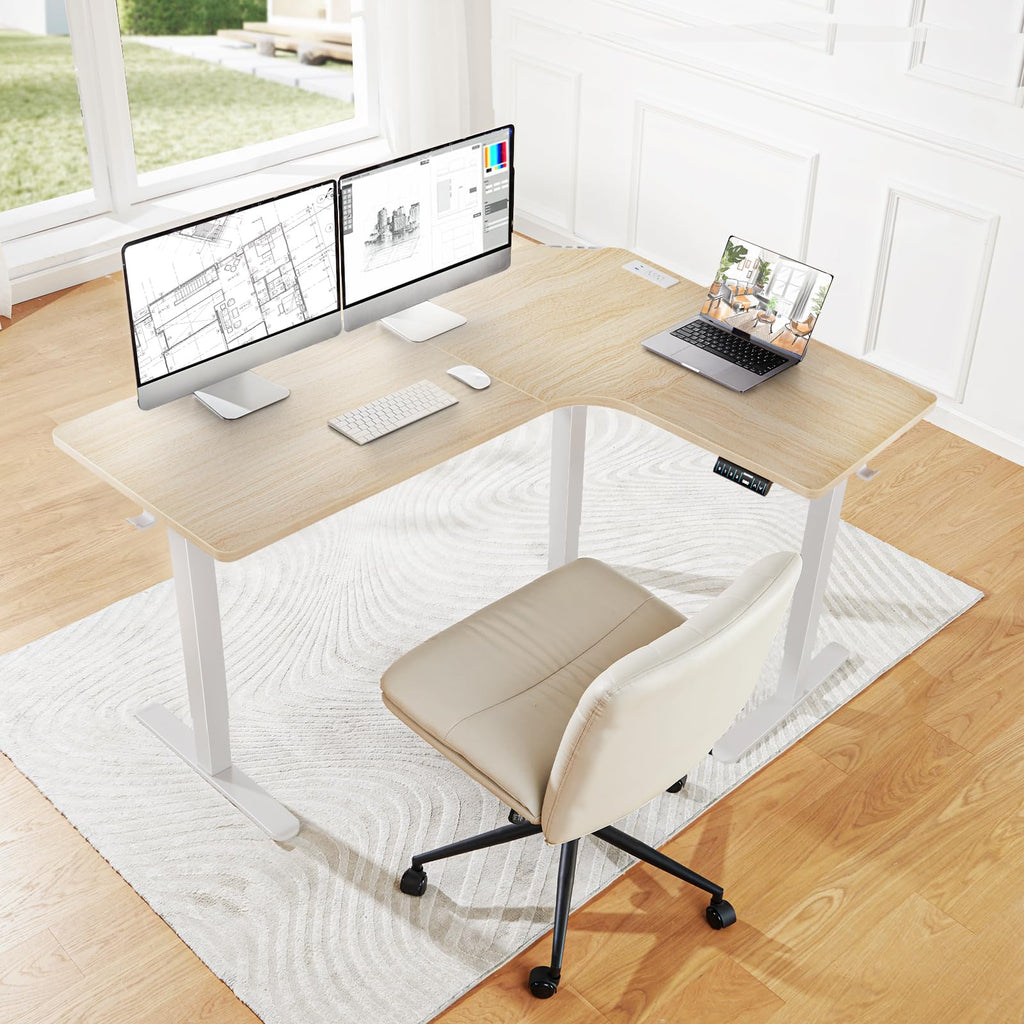 HUANUO 63″ L-Shaped Standing Desk, Built-in Power Outlets, Electric Height Adjustable Corner Computer Desk, Large Power Strip Holder, Sit Stand Up Desk with 3 Preset Heights, Black