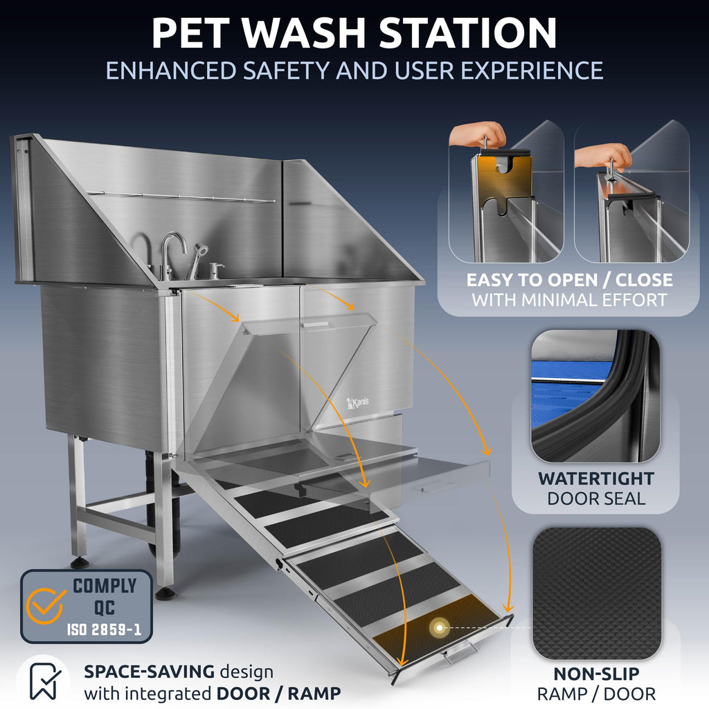 KANIS Professional Dog Washing Station 304 Stainless Steel Pet Wash Sink & Grooming Bathtub w/Shower, Floor Grates and Storage for Large, Medium & Small Pets (Silver, 50 Inches, Right Ramp, 1 Drawer)