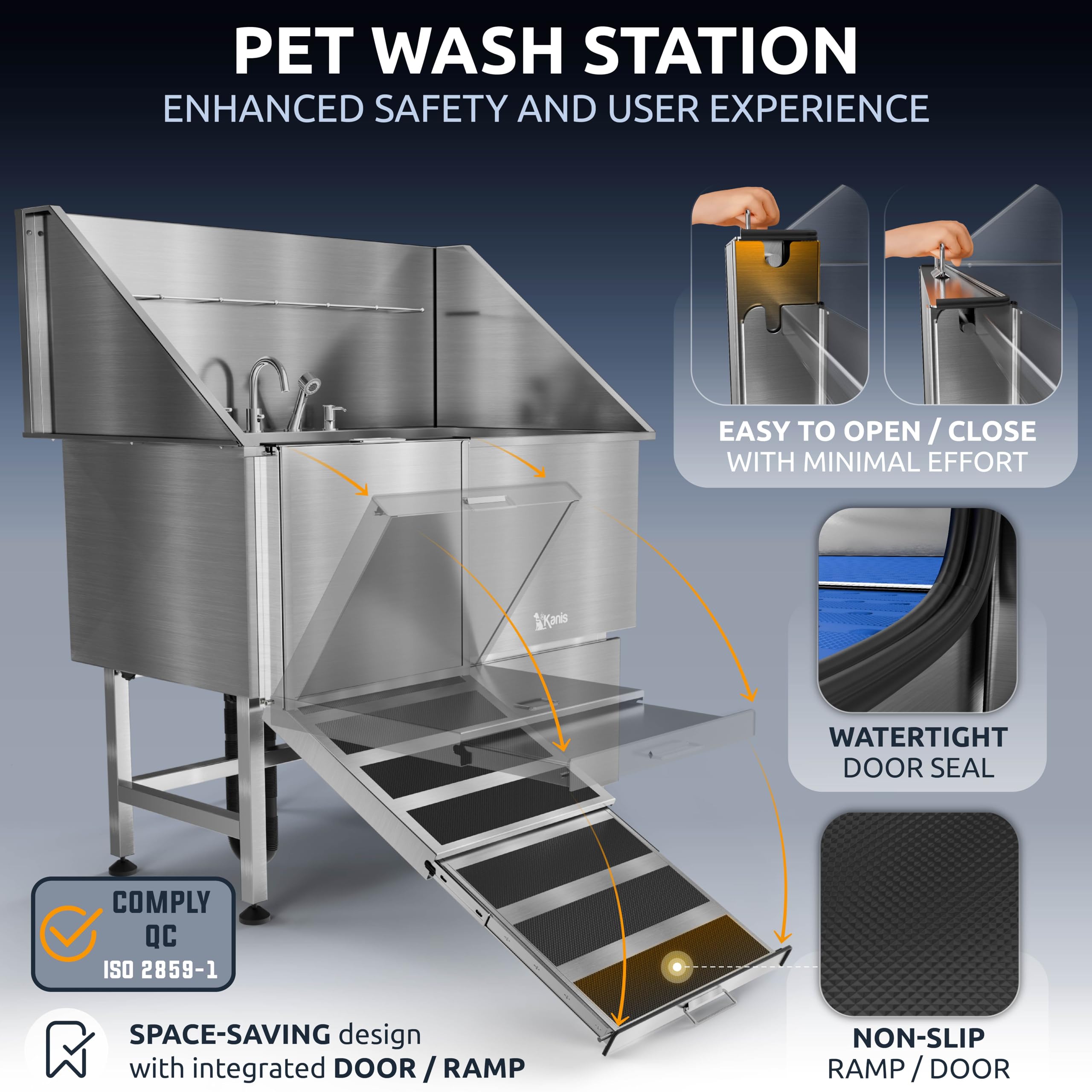 KANIS Professional Dog Washing Station 304 Stainless Steel Pet Wash Sink & Grooming Bathtub w/Shower, Floor Grates and Storage for Large, Medium & Small Pets (Silver, 50 Inches, Right Ramp, 1 Drawer)