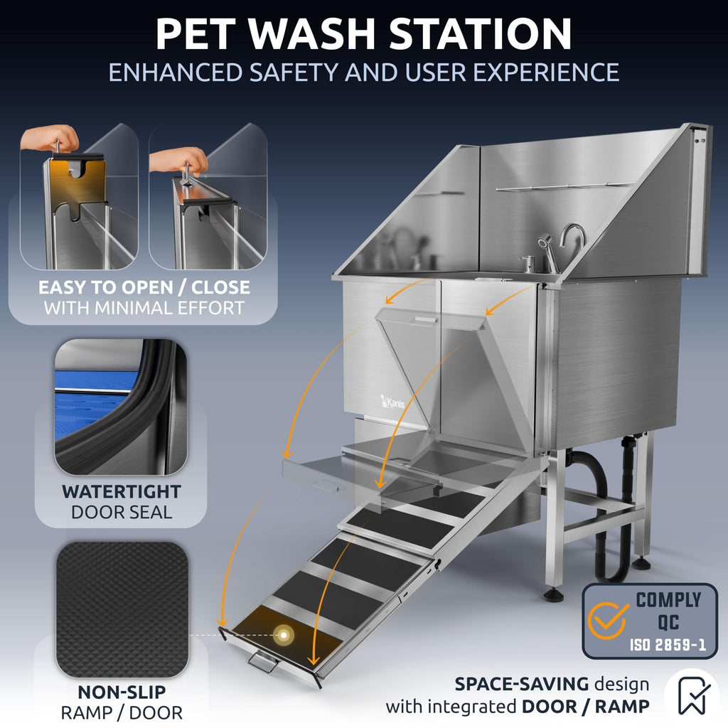 KANIS Professional Dog Washing Station 304 Stainless Steel Pet Wash Sink & Grooming Bathtub w/Shower, Floor Grates and Storage for Large, Medium & Small Pets (Silver, 50 Inches, Right Ramp, 1 Drawer)