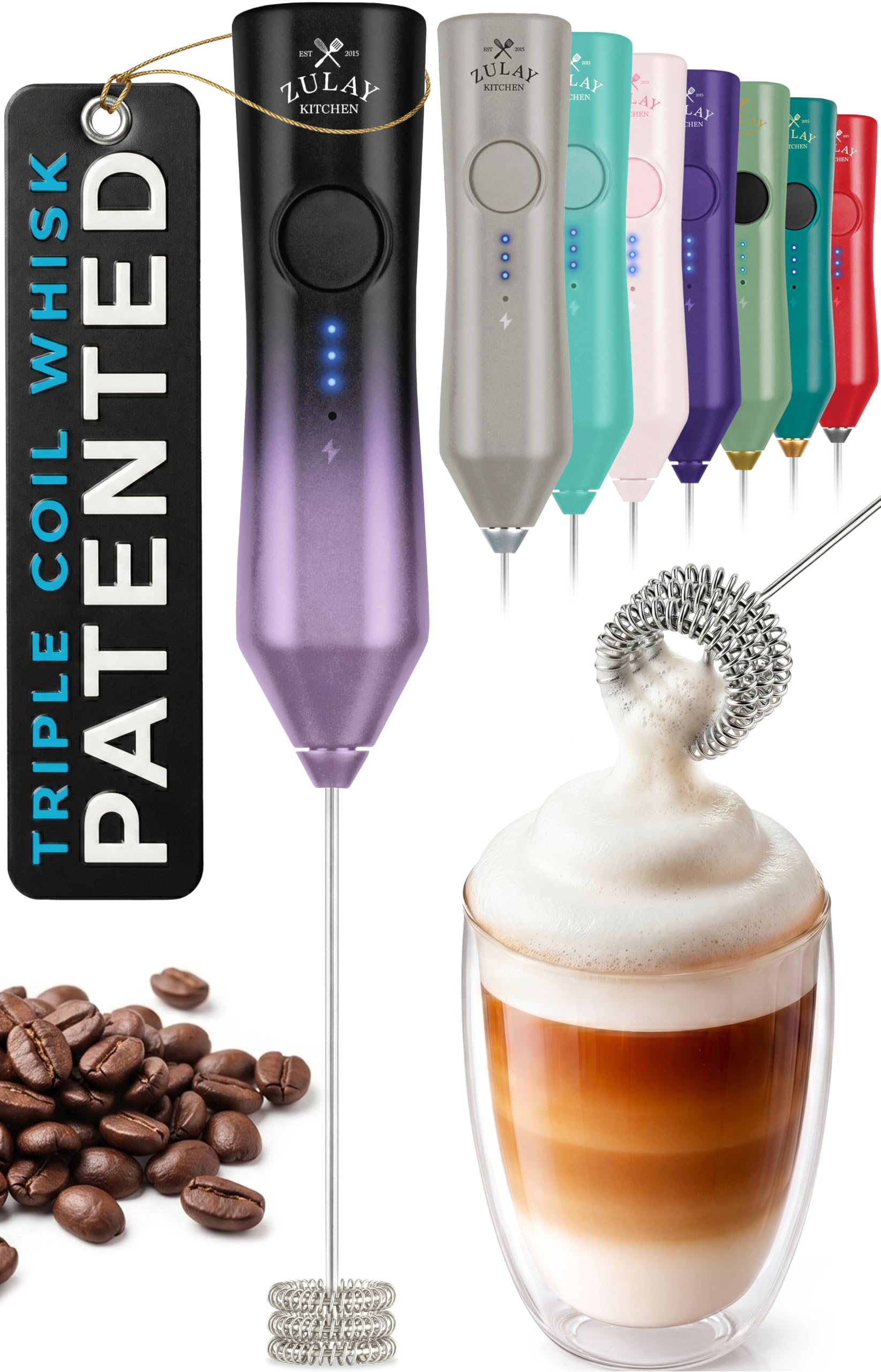 Zulay Kitchen Powerful Milk Frother Wand With Duracell Batteries - Ultra Fast Handheld Drink Mixer - Electric Whisk Foam Maker for Coffee, Lattes, Cappuccino & Matcha - Z1 Motor - Black