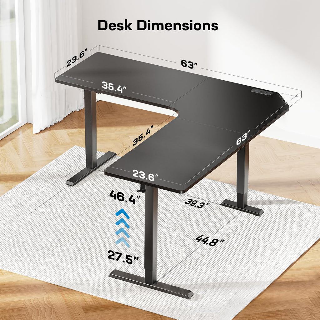 HUANUO 63″ L-Shaped Standing Desk, Built-in Power Outlets, Electric Height Adjustable Corner Computer Desk, Large Power Strip Holder, Sit Stand Up Desk with 3 Preset Heights, Black