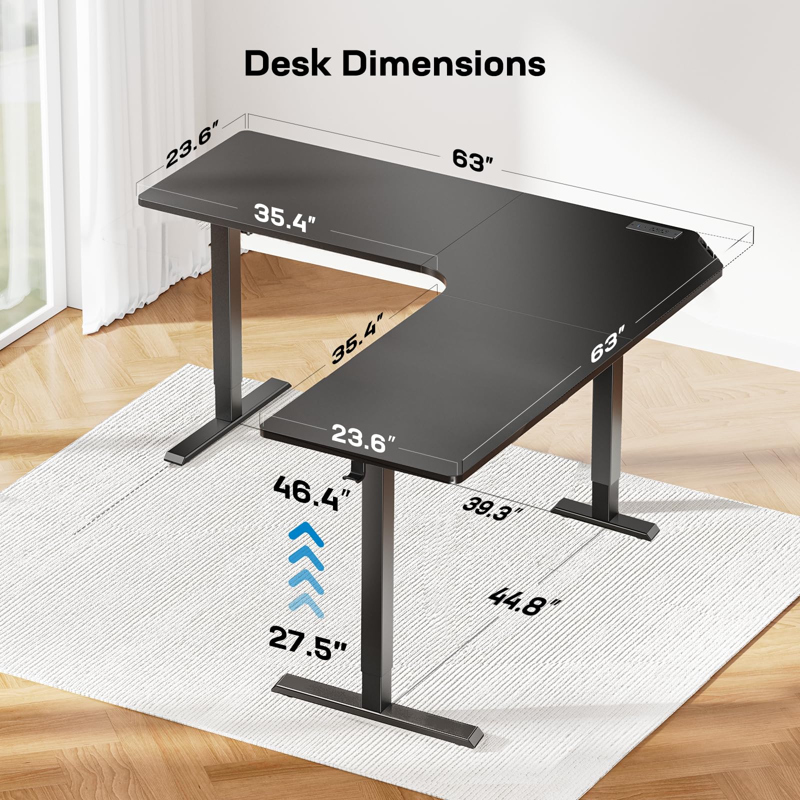 HUANUO 63″ L-Shaped Standing Desk, Built-in Power Outlets, Electric Height Adjustable Corner Computer Desk, Large Power Strip Holder, Sit Stand Up Desk with 3 Preset Heights, Black