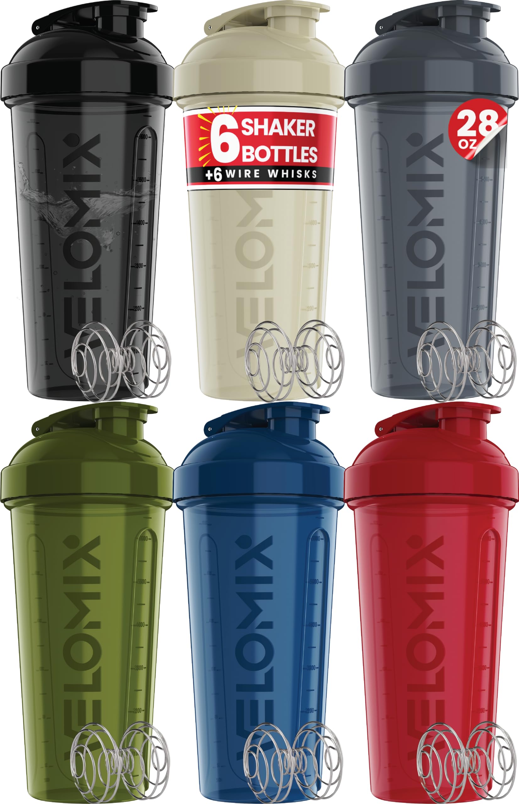 VELOMIX 6 Pack 28 oz Protein Shaker Bottle for Mixes - 6 Wire Whisk Balls | Leak Proof Cups for Supplements | BPA-Free Gym & Fitness (Earth Tones Collection)