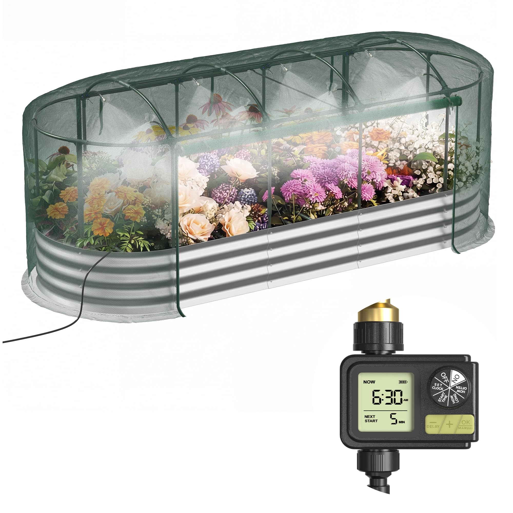 Lineware Raised Garden Bed with Sprinkler Timer and Self-Watering System, 6x3x1 ft Elevated Planter Boxes Outdoor with Mesh Cover, Galvanized Raised Beds for,Vegetables,Flowers, Backyard, Patio