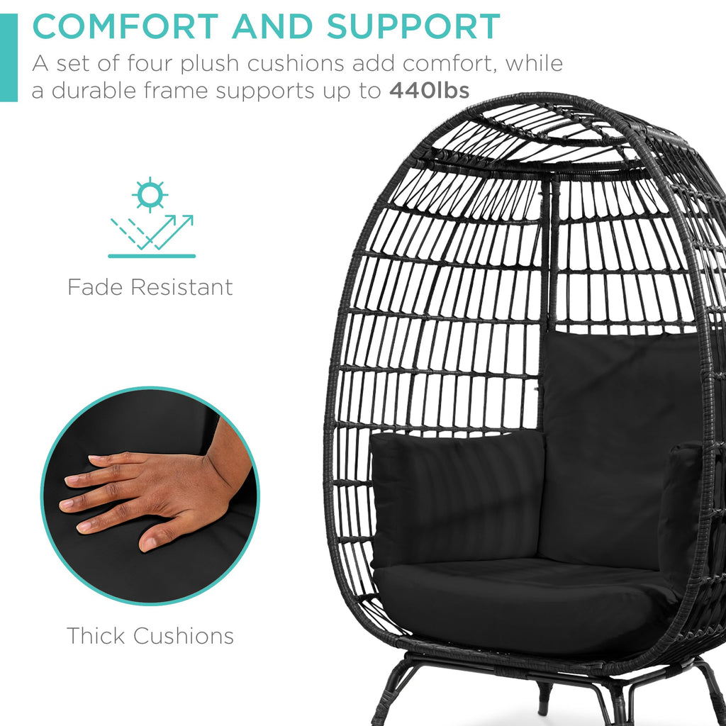 Best Choice Products Wicker Egg Chair, Oversized Indoor Outdoor Lounger for Patio, Backyard, Living Room w/ 4 Cushions, Steel Frame, 440lb Capacity - Black