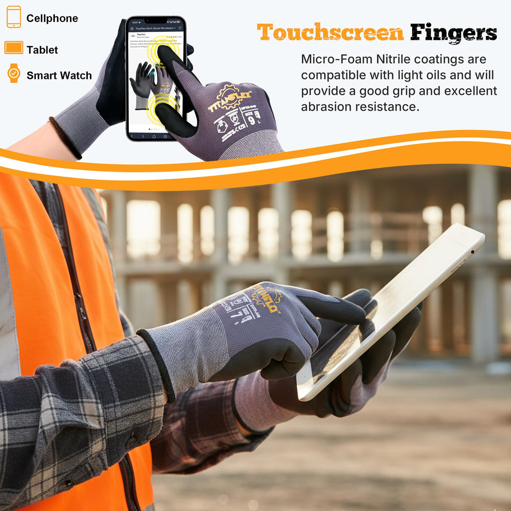 TitanFlex Work Gloves Microfoam Nitrile Coated Men Women-6 Pairs, Safety Warehouse Gloves Mens Working Glove with Grip Heavy Duty, Touchscreen, Seamless Knit Nylon for Automotive, Garden (Large)