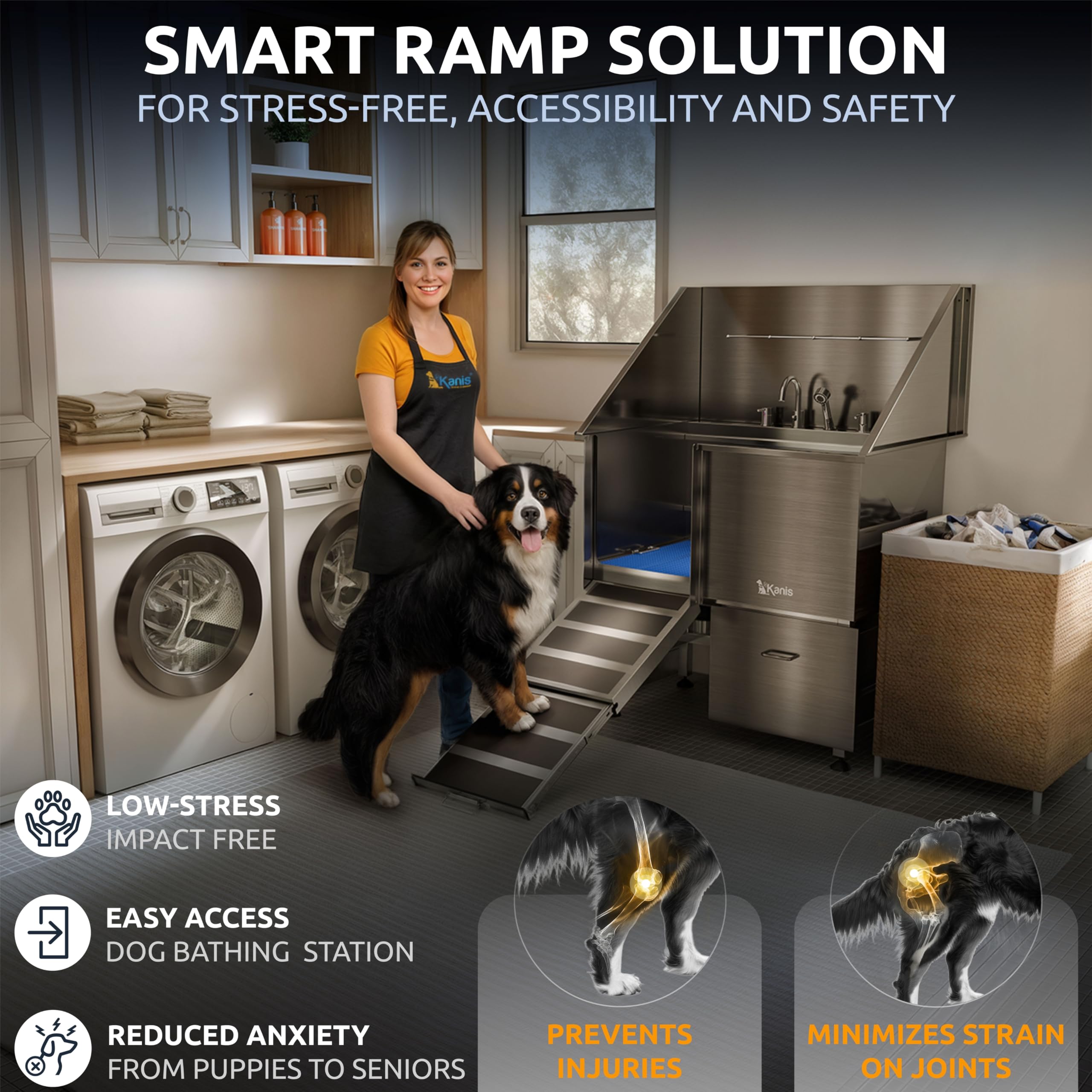 KANIS Professional Dog Washing Station 304 Stainless Steel Pet Wash Sink & Grooming Bathtub w/Shower, Floor Grates and Storage for Large, Medium & Small Pets (Silver, 50 Inches, Right Ramp, 1 Drawer)