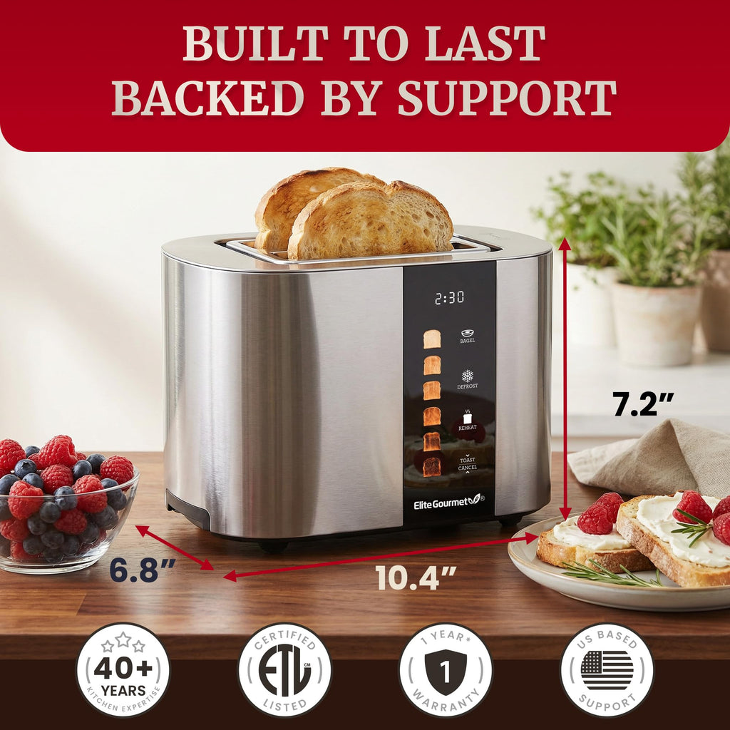 Elite Gourmet ECT5500 4-Slice Long Slot Toaster, Fully Automatic Motorized, Stainless Steel Digital Touchscreen, Extra-Wide Slots, 6 Browning Levels, Bagel, Defrost & Reheat