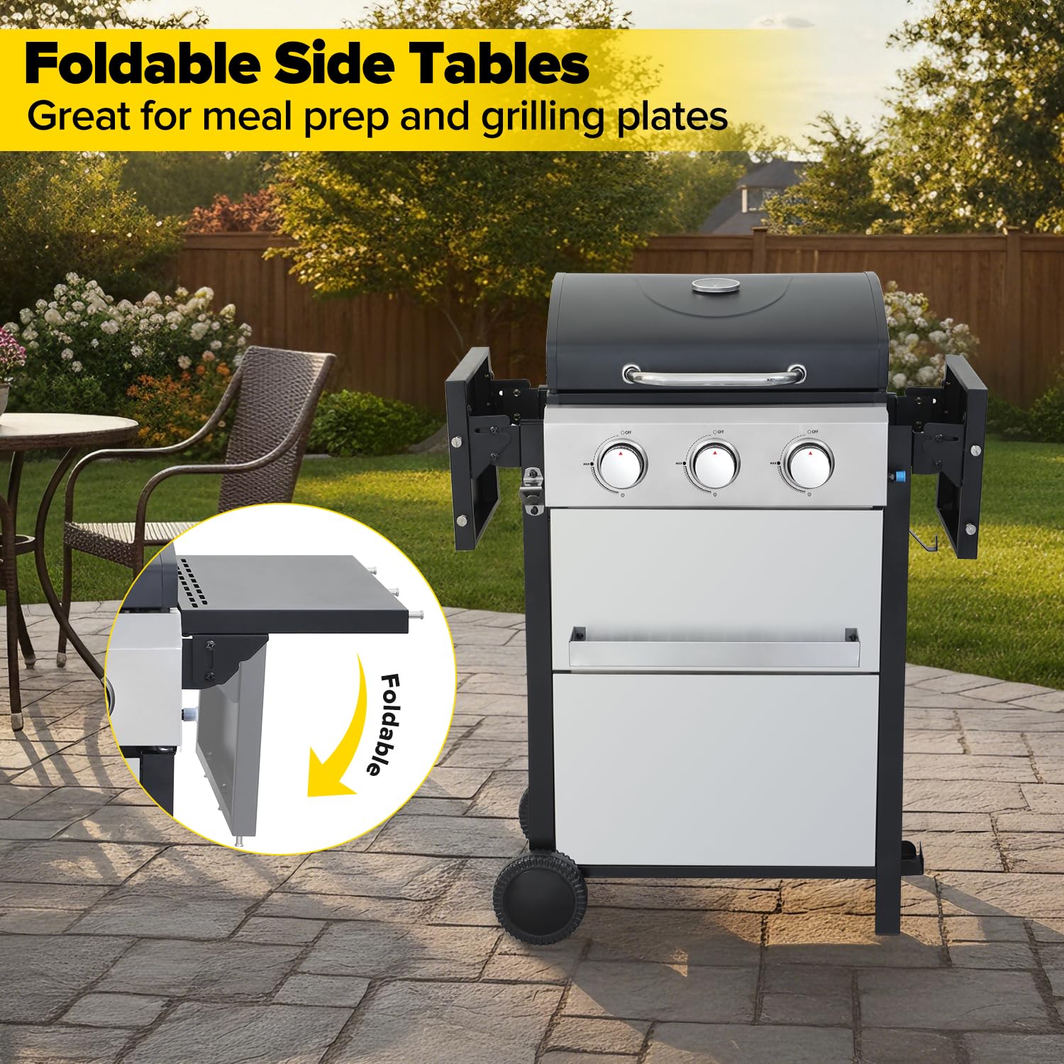 4 Burner Gas Grill with Foldable Shelves, 40,000 BTU Stainless Steel Propane BBQ Grill, 387 Sq. In. Cooking Space, Portable Outdoor Grill for Patio, Backyard, Camping & Tailgating