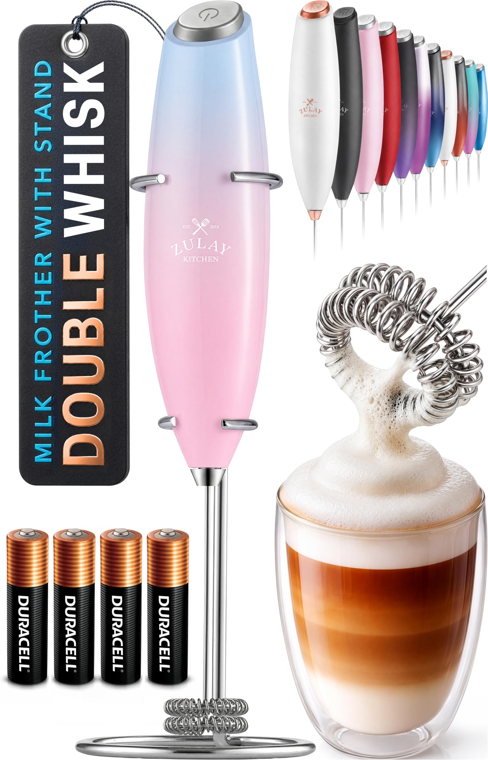 Zulay Kitchen Powerful Milk Frother Wand With Duracell Batteries - Ultra Fast Handheld Drink Mixer - Electric Whisk Foam Maker for Coffee, Lattes, Cappuccino & Matcha - Z1 Motor - Black