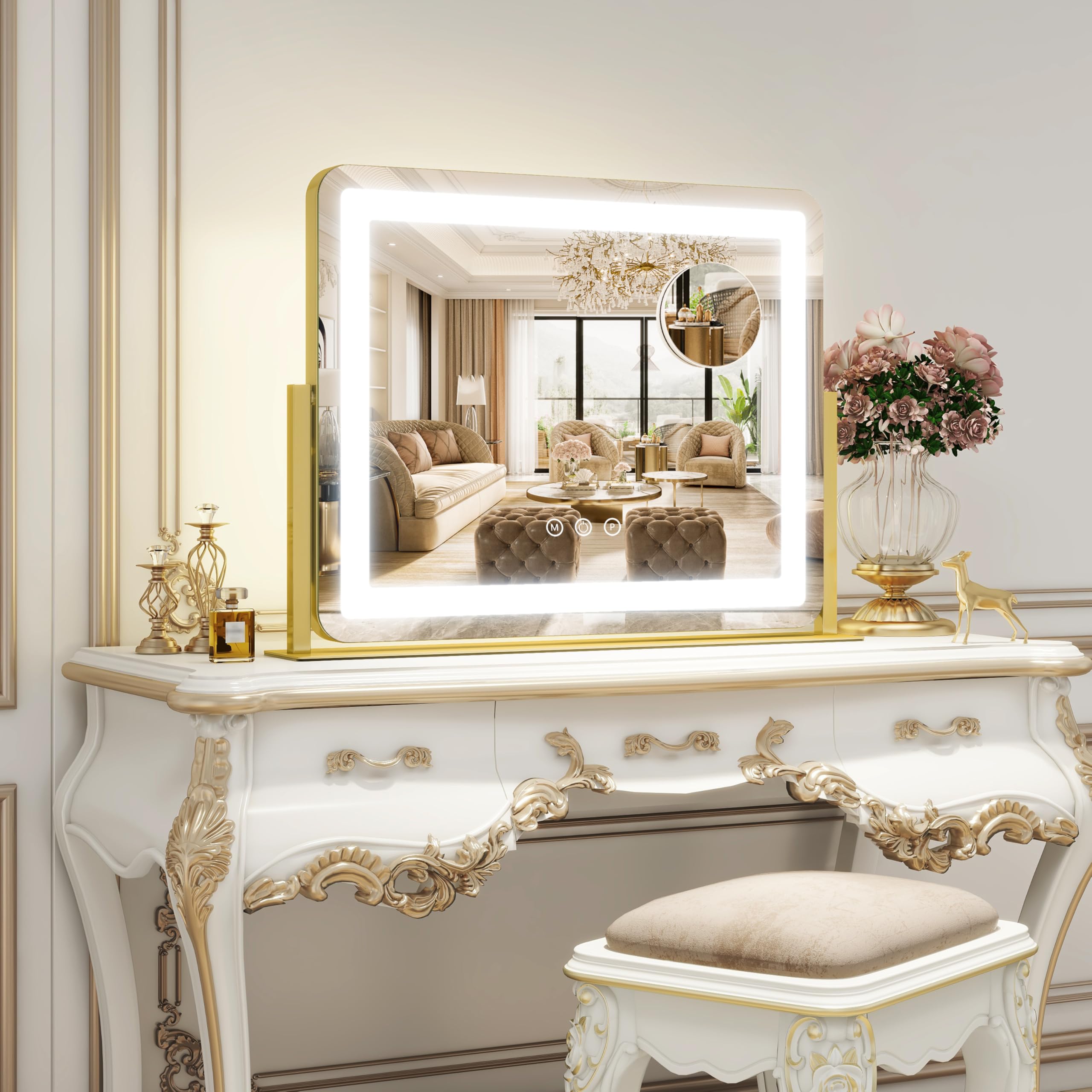 ROLOVE Vanity Mirror with Lights, 12.6"x15" LED Makeup Mirror with Lights, Smart Touch Control 3 Color Dimmable, Lighted Desk Mirror for Bedroom, Light Up Mirror
