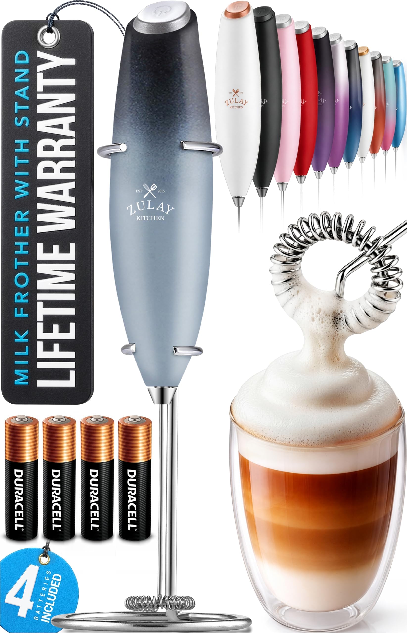 Zulay Kitchen Powerful Milk Frother Wand With Duracell Batteries - Ultra Fast Handheld Drink Mixer - Electric Whisk Foam Maker for Coffee, Lattes, Cappuccino & Matcha - Z1 Motor - Black